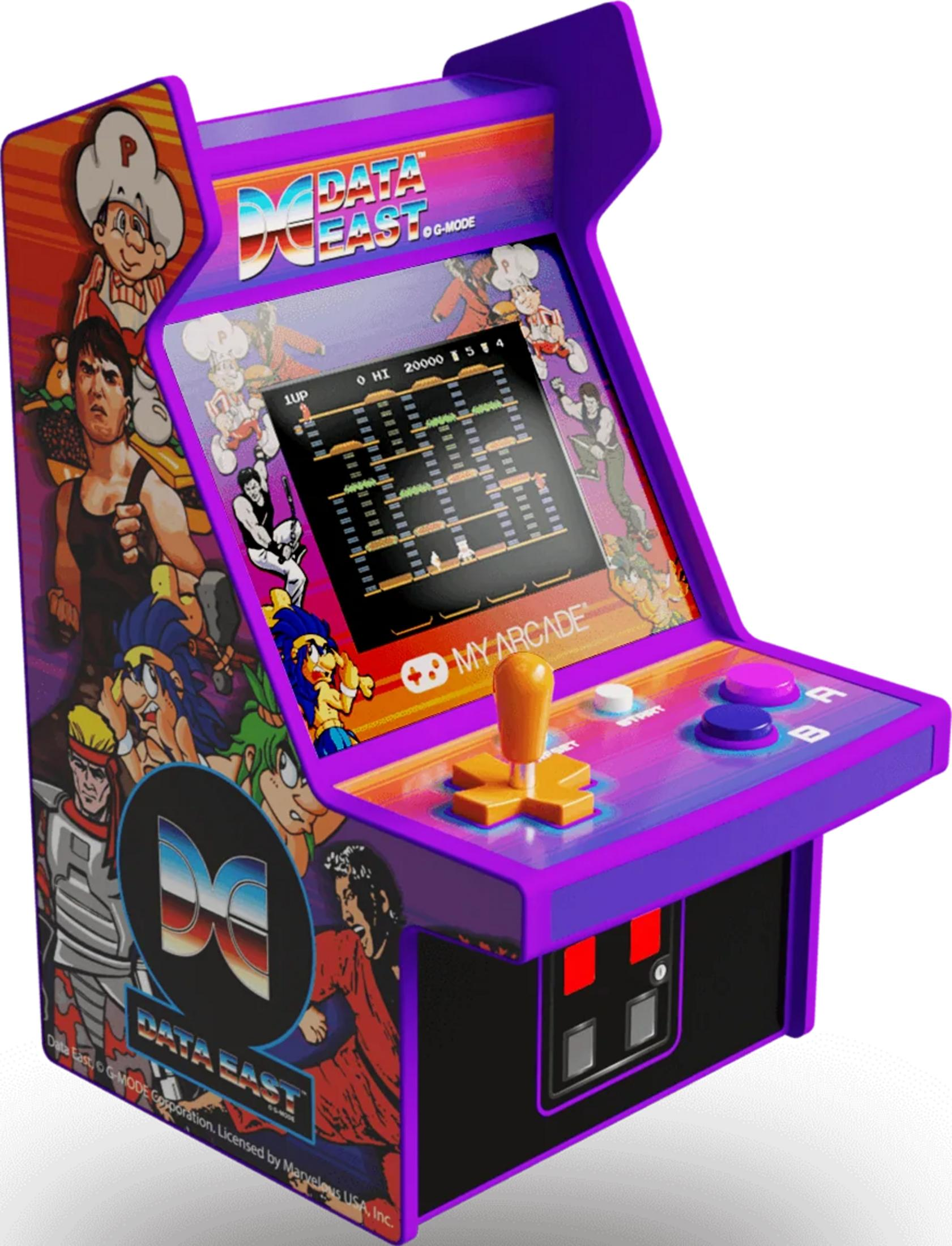 Una máquina recreativa púrpura de Data East con arte de juego y joystick.
