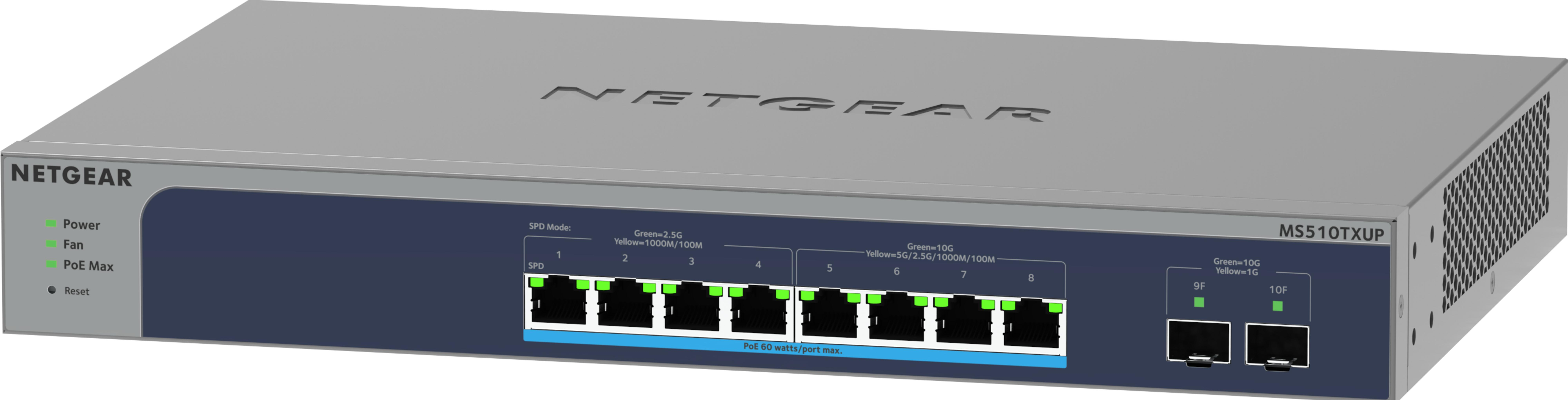 Szary przełącznik Netgear MS510TXUP z 10 portami i zielonymi diodami LED.