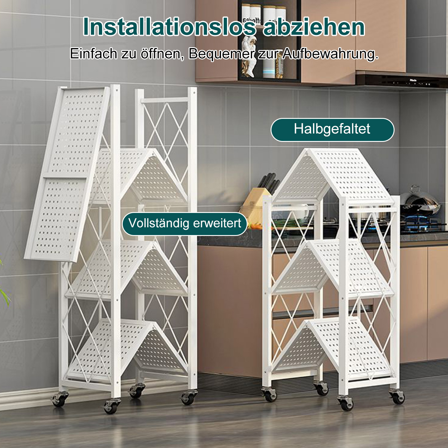 Zwei weiße Regale, eines voll ausgeklappt, das andere halb.