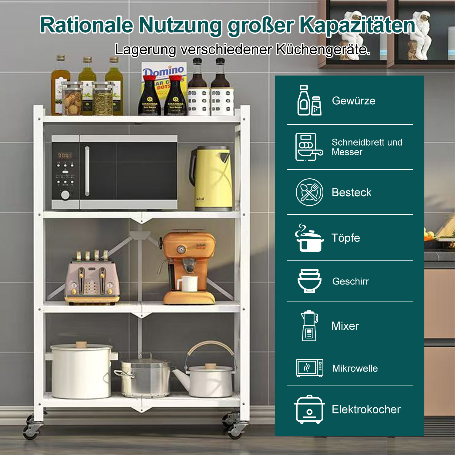 Ein weißes Regal mit Küchengeräten wie Mikrowelle, Toaster, Kaffeemaschine und Töpfen.