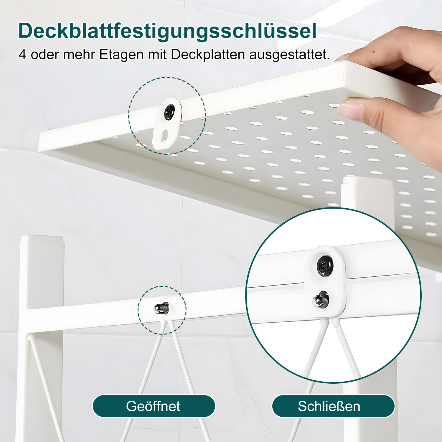 Weiße Regale mit detaillierten Befestigungselementen und verschiebbaren Haken.