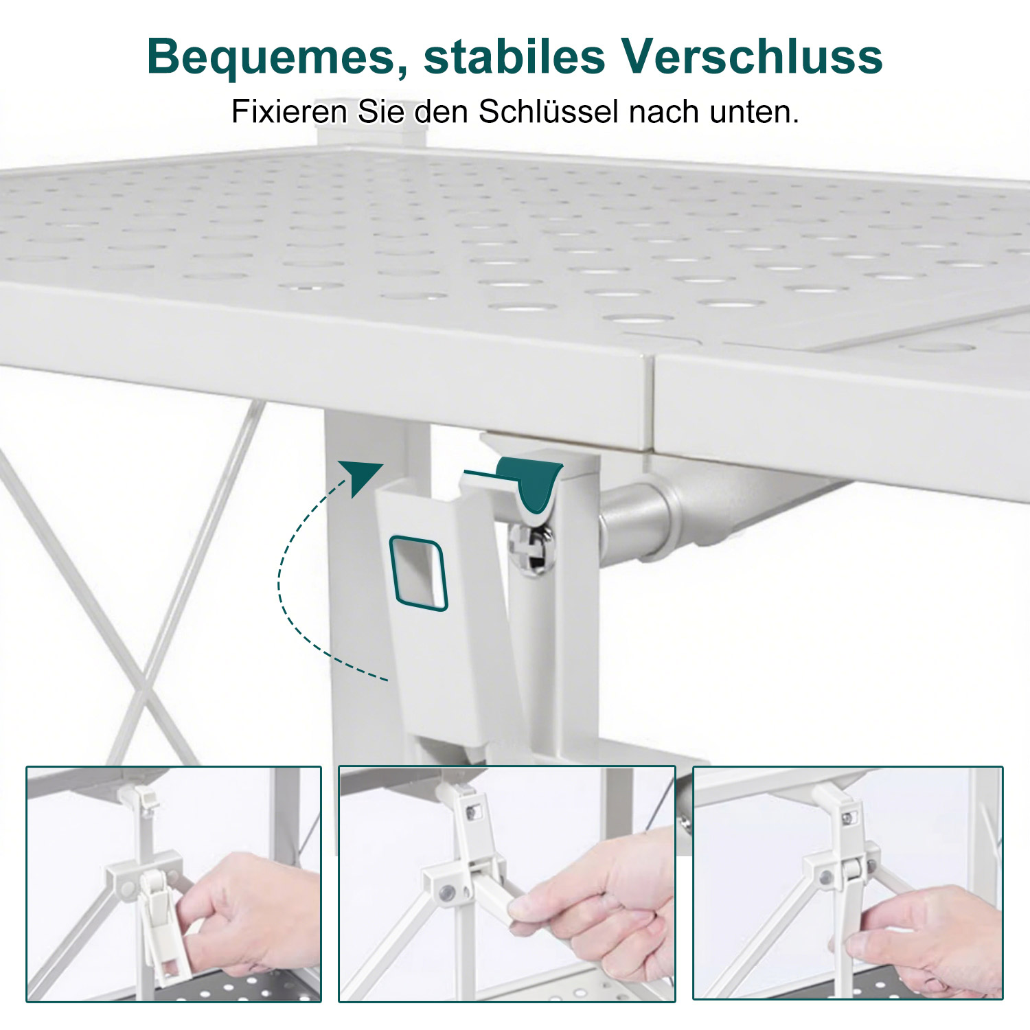 Eine weiße Tischplatte mit drei Detailaufnahmen, die zeigen, wie ein Verschlussmechanismus funktioniert.