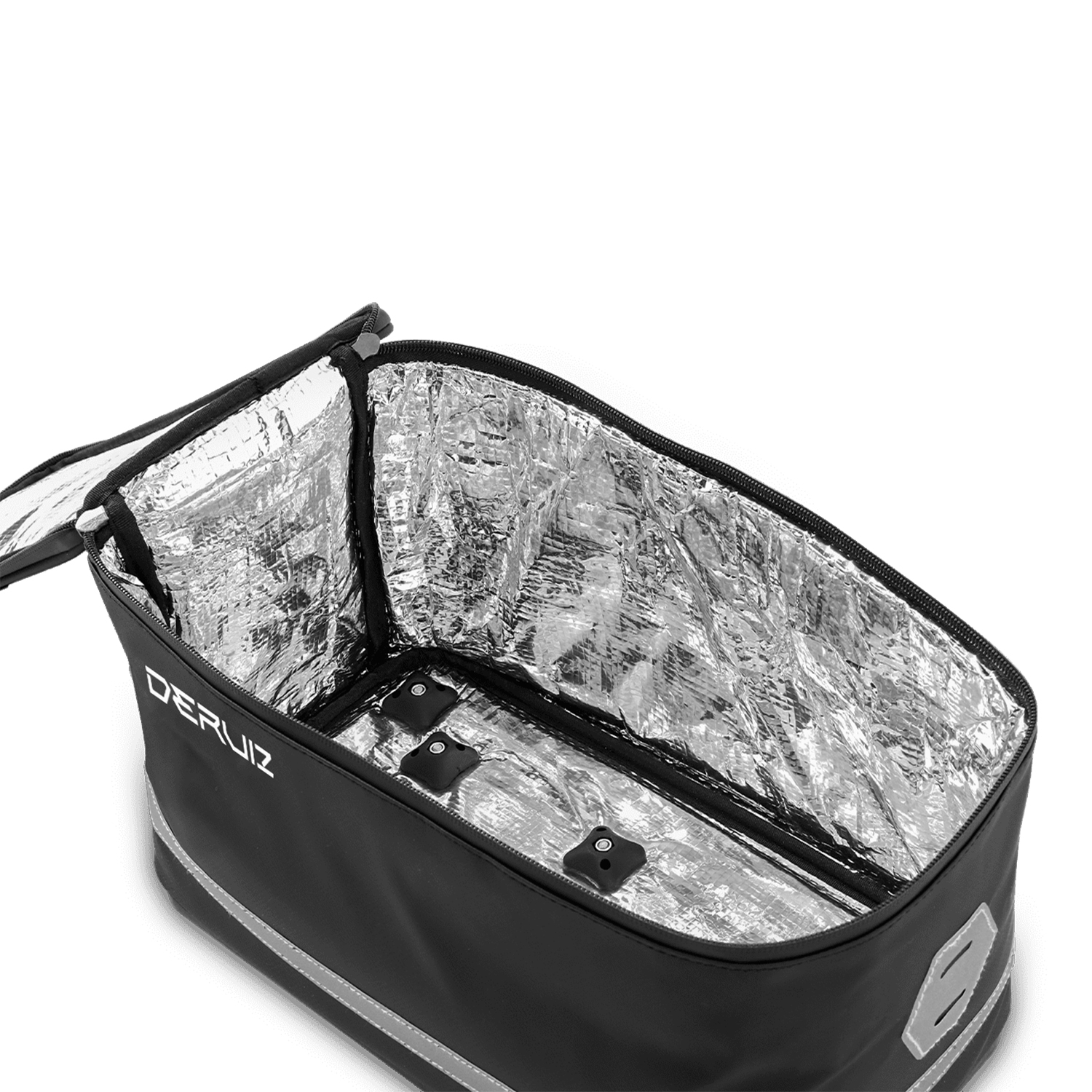 Schwarze Kühltasche mit silberner Innenseite und Reißverschluss.