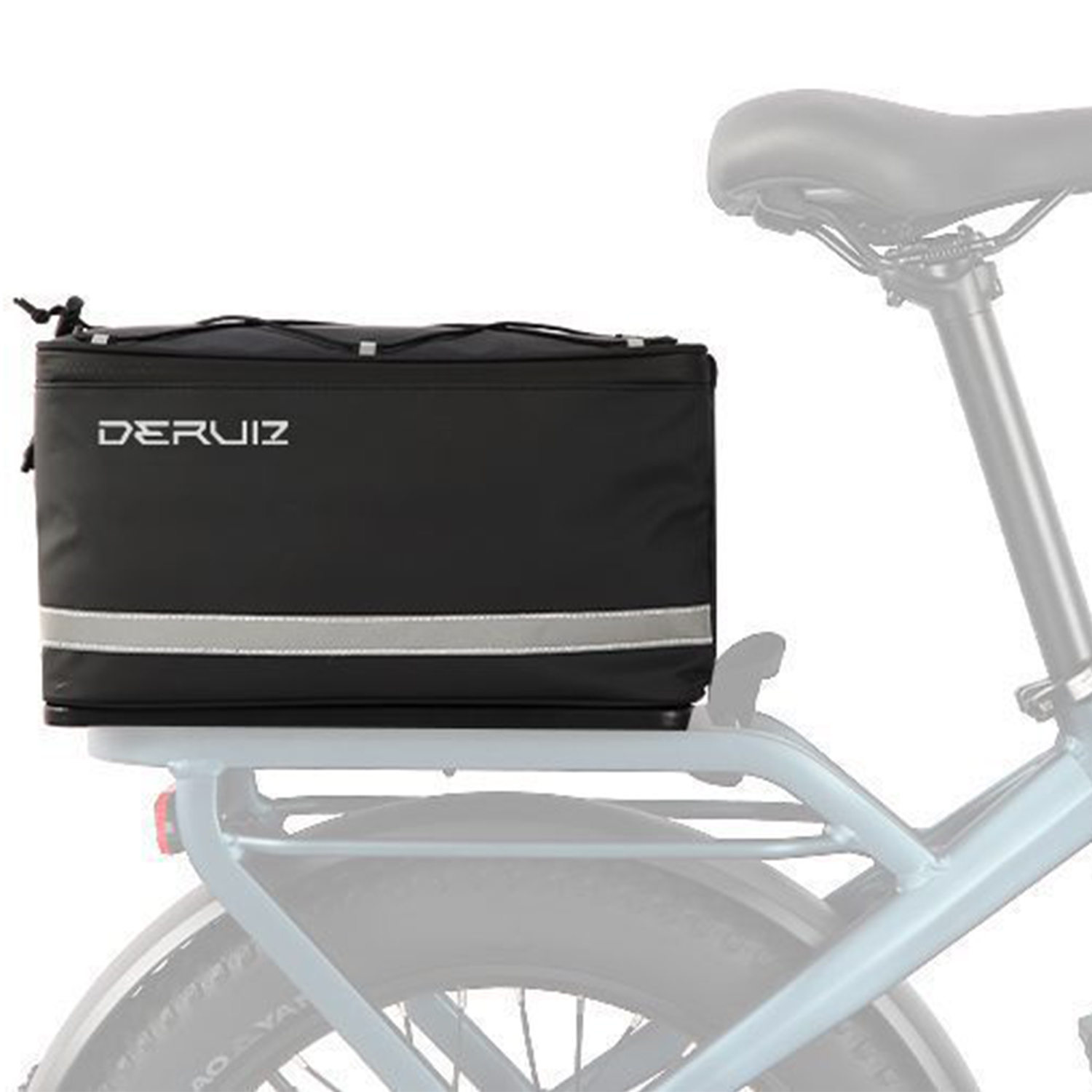 Schwarze Fahrradtasche mit reflektierendem Streifen auf einem Fahrradträger.