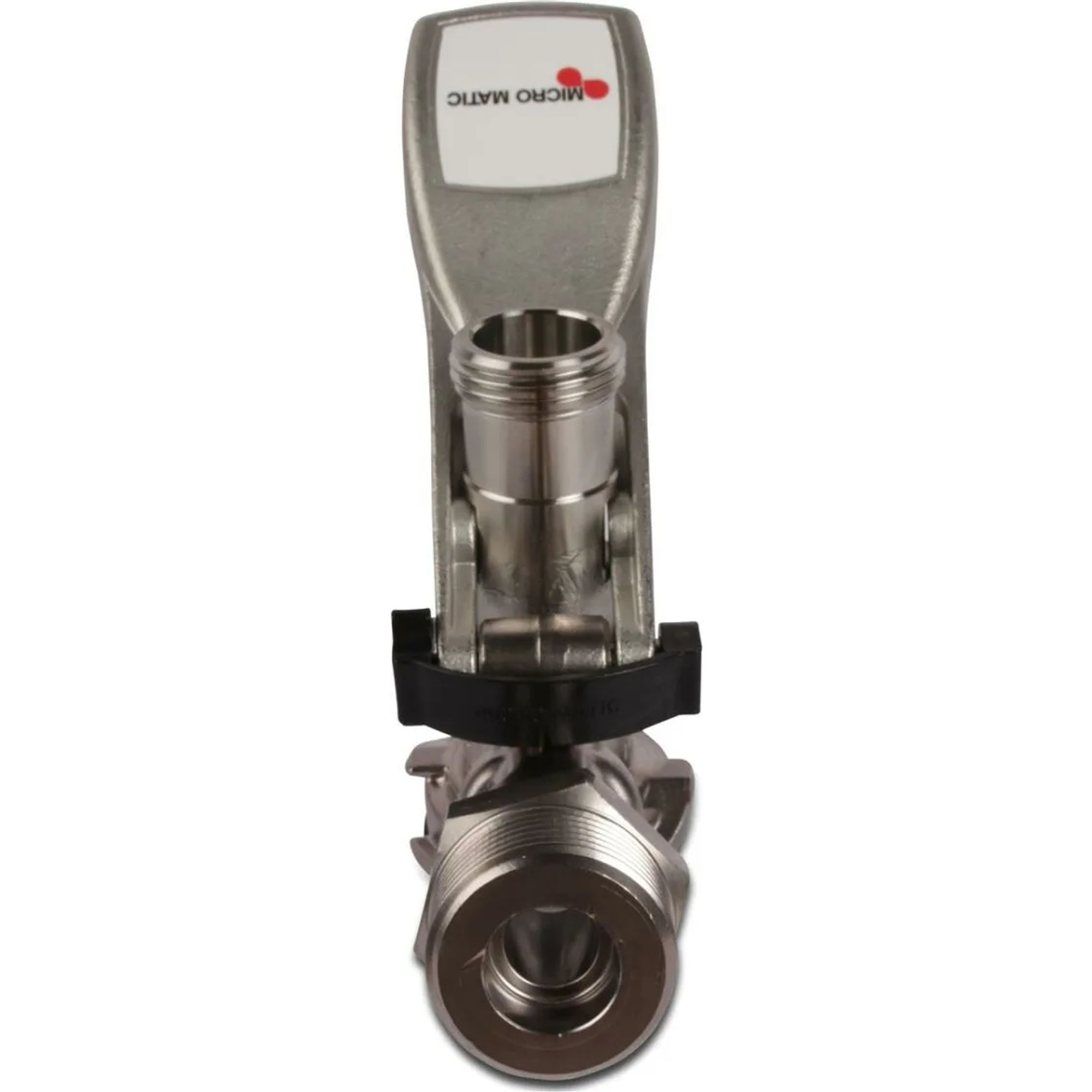 Een zilveren tap met rood Micro Matic logo en zwarte hendel.