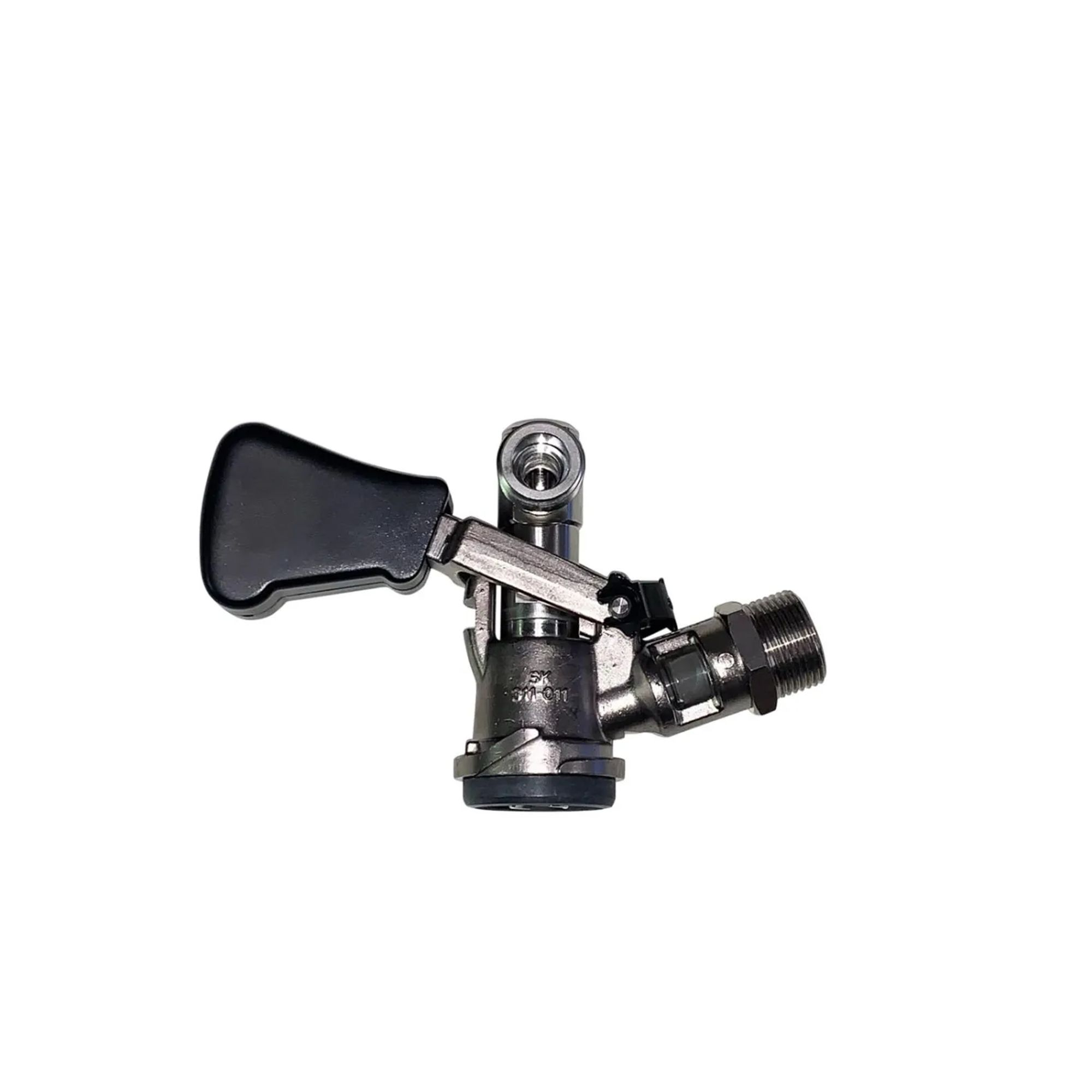 A silver tap handle with a black grip, isolated on a white background.