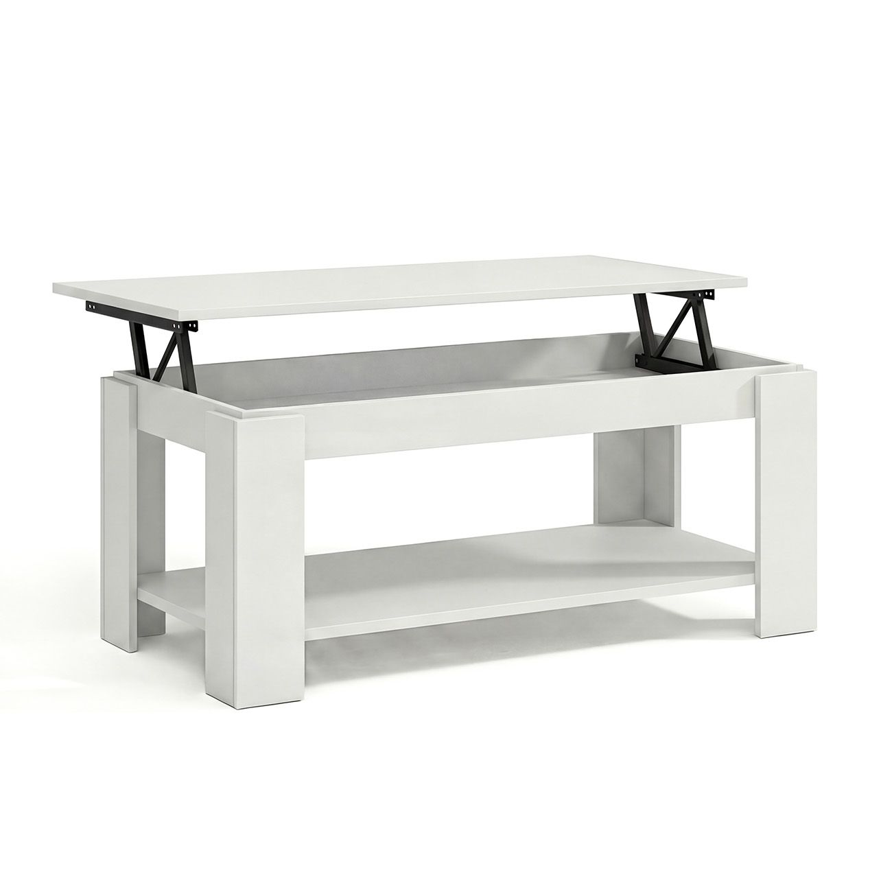 Una mesa de centro blanca con tapa elevable y un estante debajo.