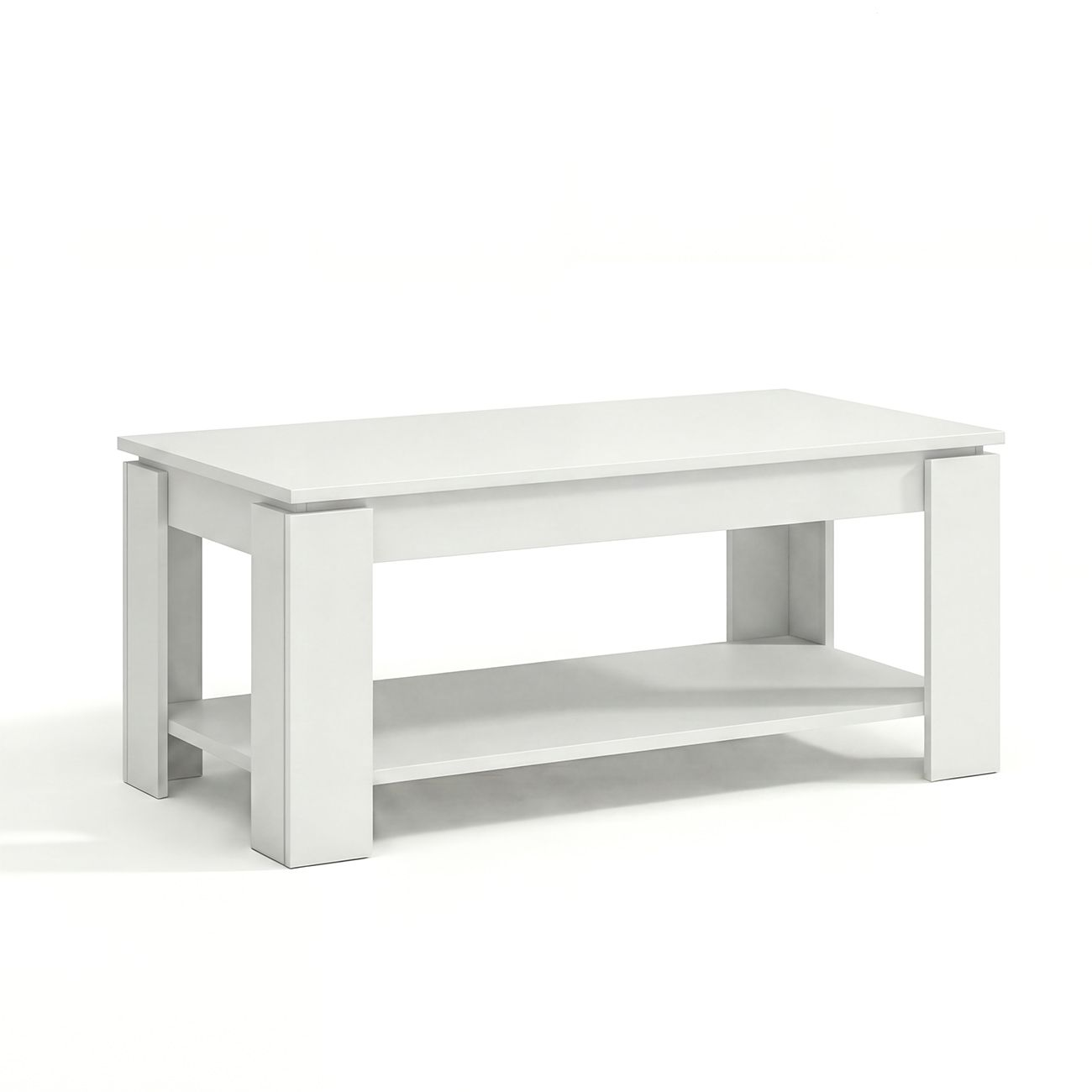 Una mesa de centro blanca y sencilla con un estante inferior.