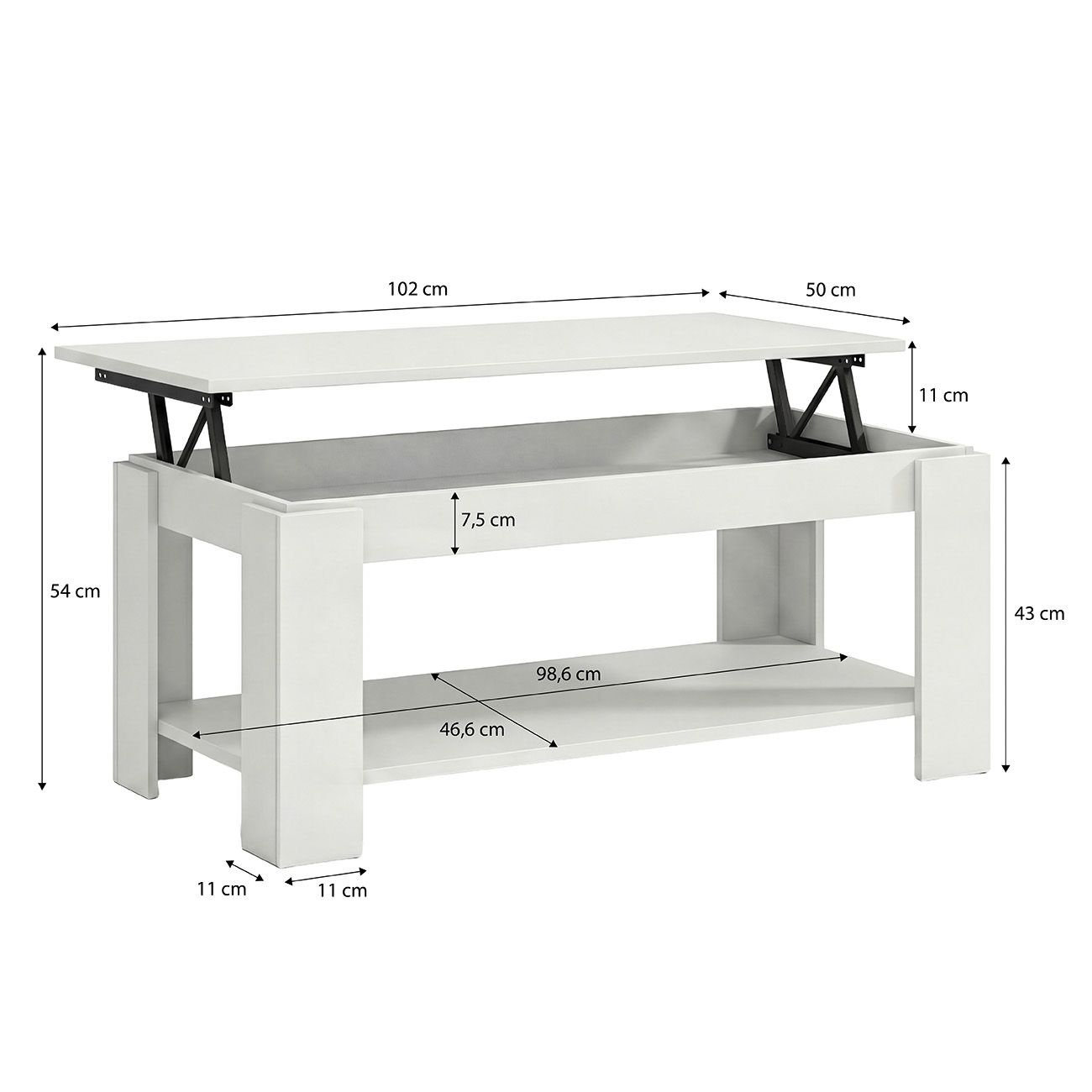 Mesa de centro blanca con tapa elevable y estante. Dimensiones indicadas.