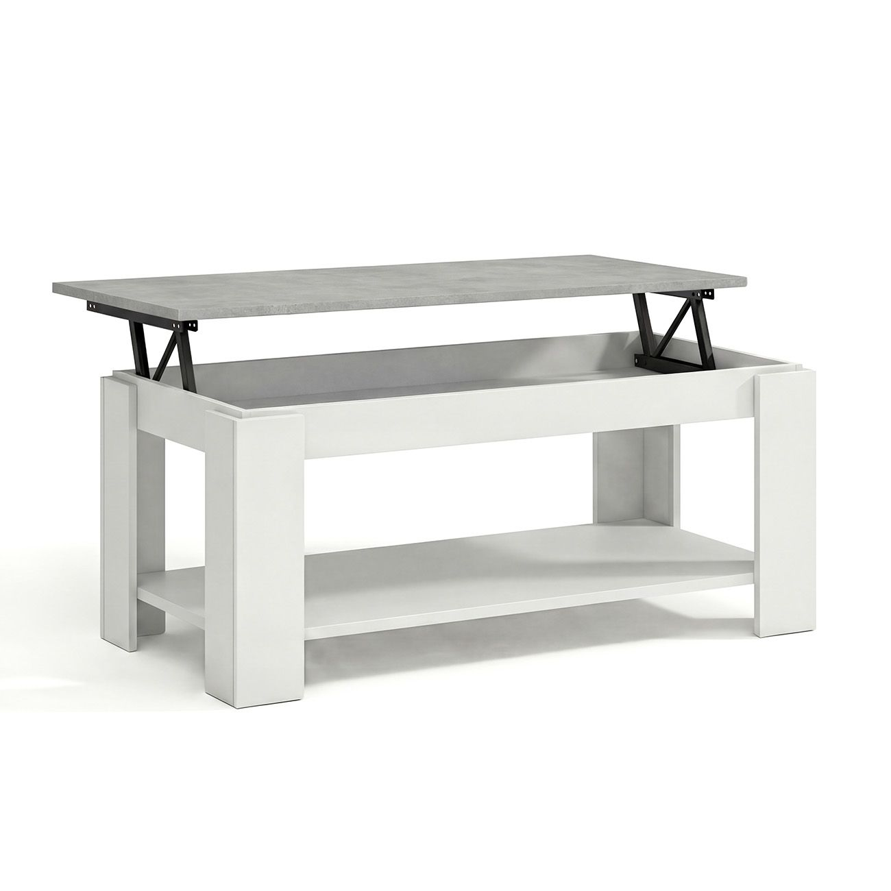 Mesa de centro blanca con tapa elevable gris y estante inferior.