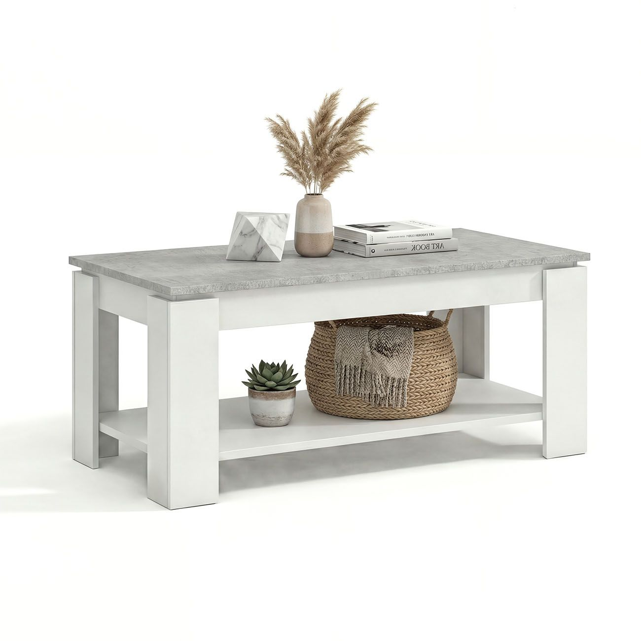 Mesa de centro blanca con tapa gris, jarrón, libros, cubo de mármol, suculenta, cesta.