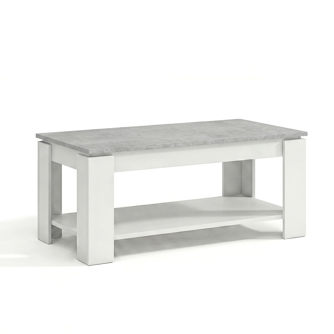 Una mesa de centro blanca con tapa de aspecto de hormigón y un estante debajo.
