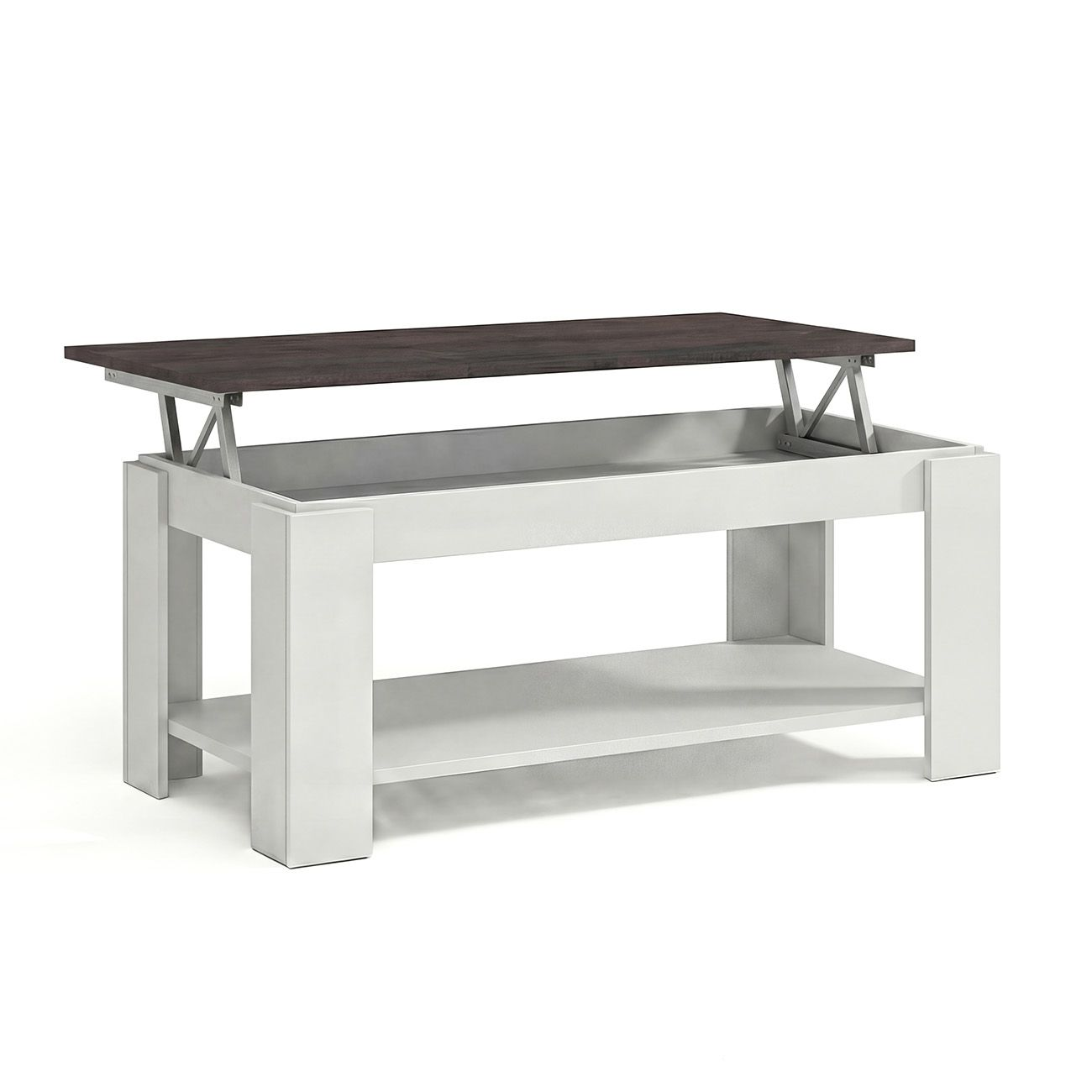 Una mesa de centro blanca con tapa de madera oscura y mecanismo elevable.