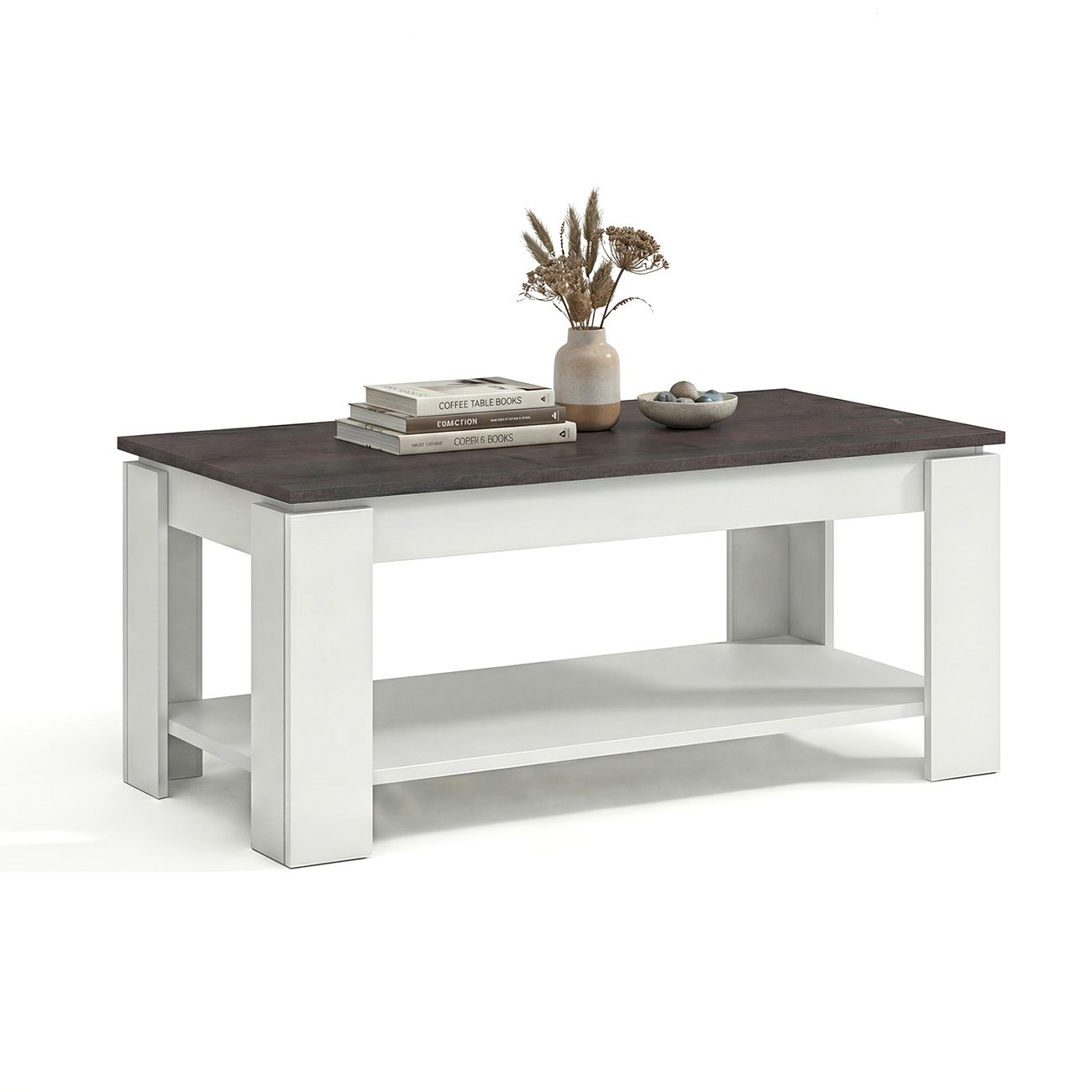 Mesa de centro rectangular con tapa de madera oscura y patas blancas. Con libros y decoración.