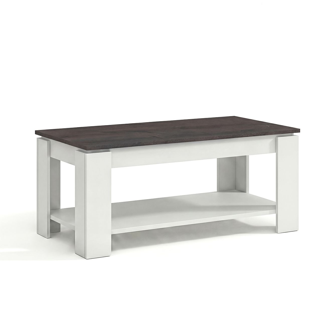 Una mesa de centro moderna con estructura blanca y tablero de madera oscura.