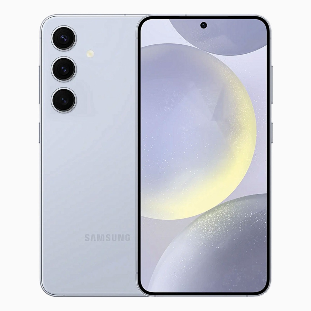Ein hellblaues Samsung-Smartphone mit drei Kameras auf der Rückseite und einem Vollbildschirm.