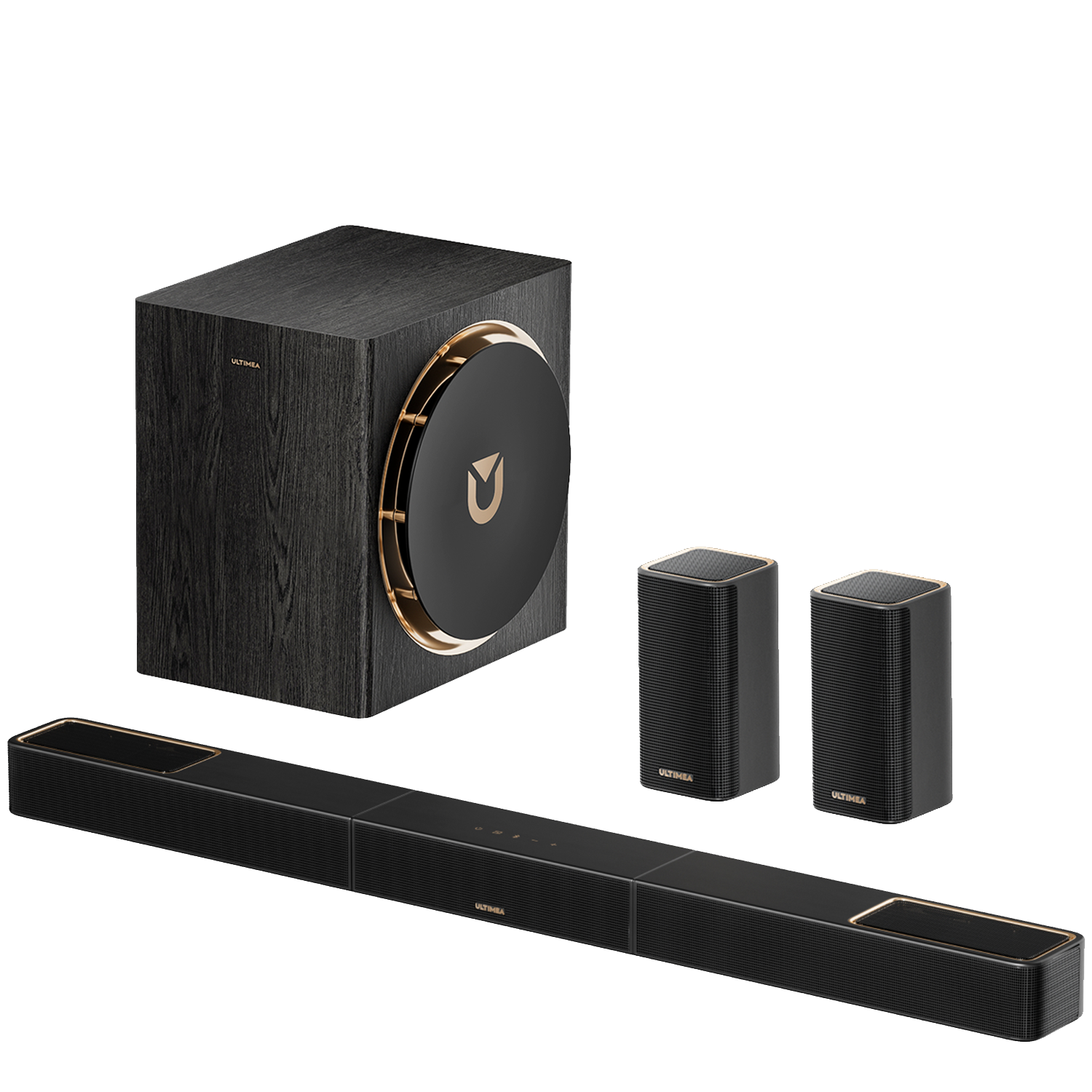 Czarny subwoofer, soundbar i dwa głośniki satelitarne ze złotymi akcentami.