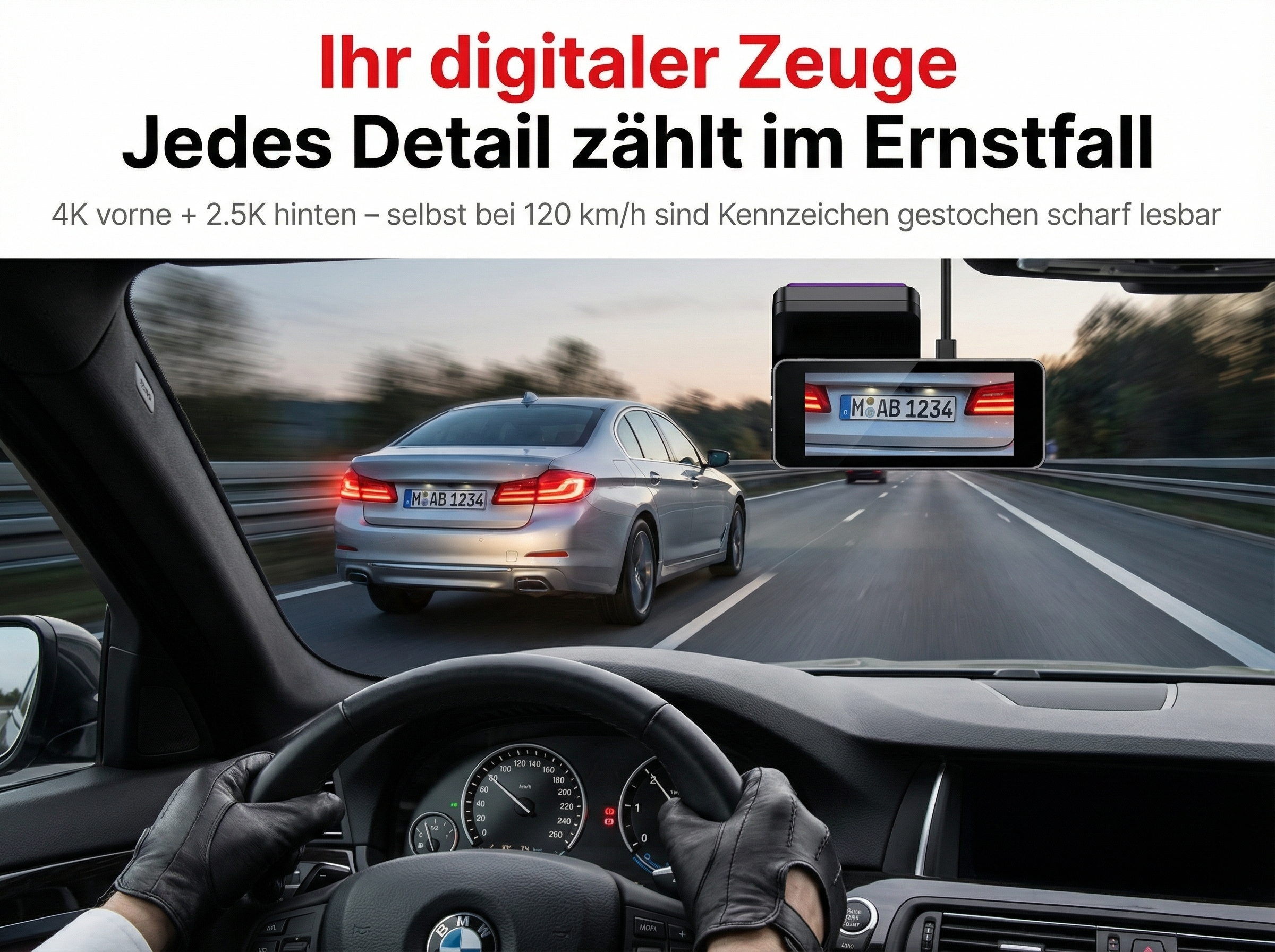Fahrerperspektive auf einer Autobahn, eine Dashcam zeichnet ein silbernes Auto auf.