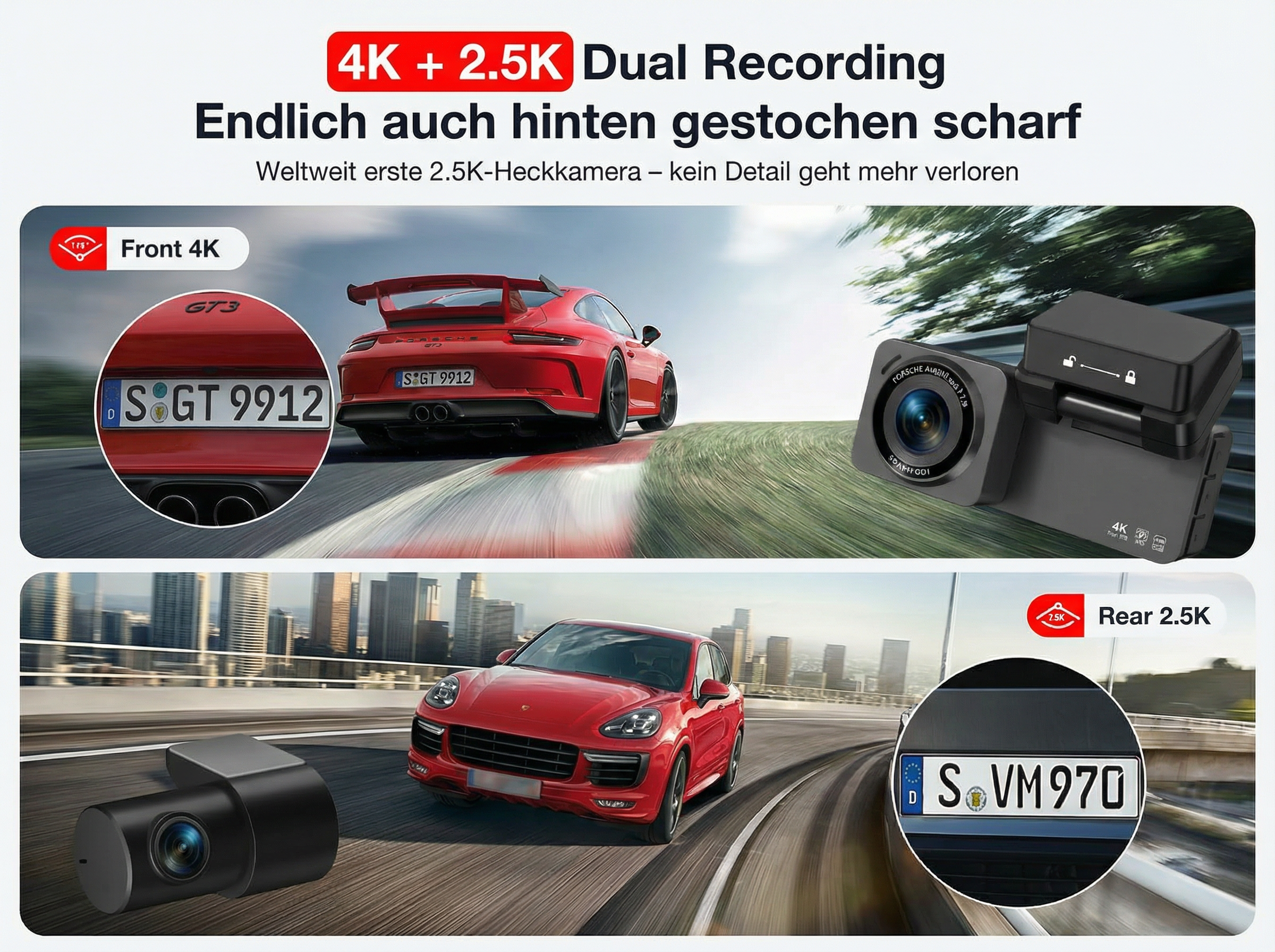 Roter Porsche fährt auf Rennstrecke, Dashcam zeigt 4K Frontansicht.