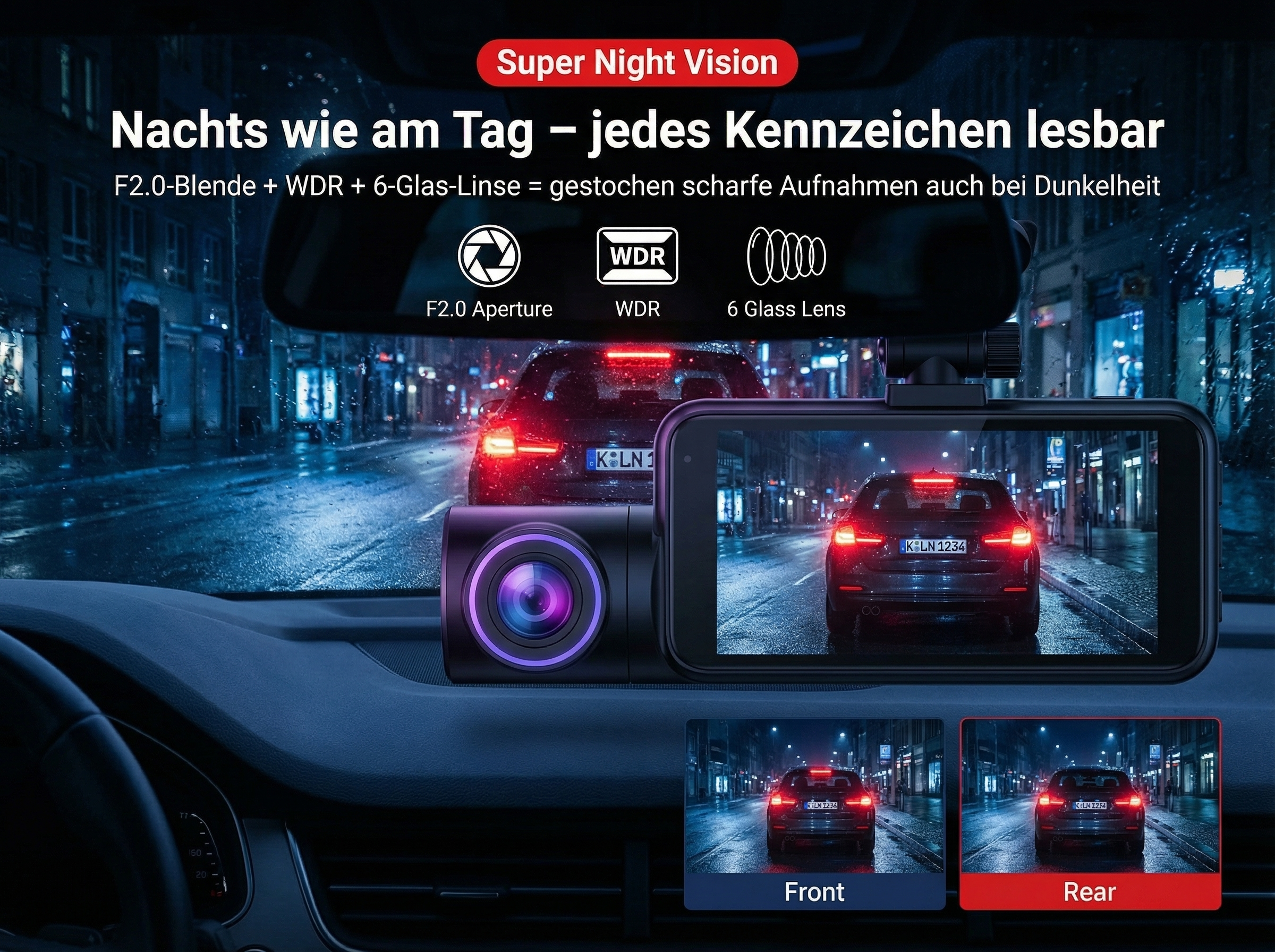 Armaturenbrett mit Dashcam, die nachts eine Straße mit Autos zeigt.