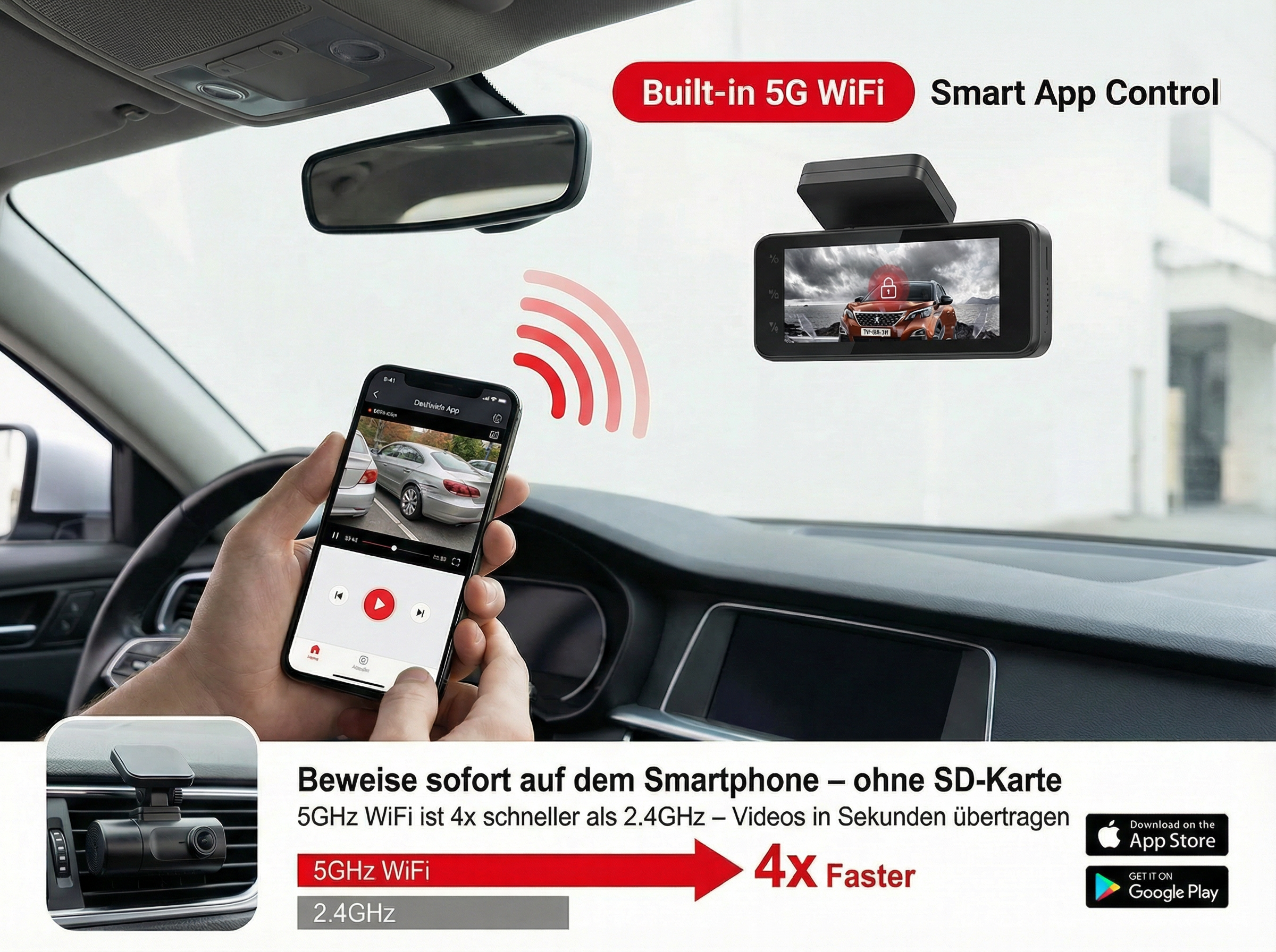 Ein Handy zeigt eine Dashcam-App, während eine Dashcam im Auto montiert ist.