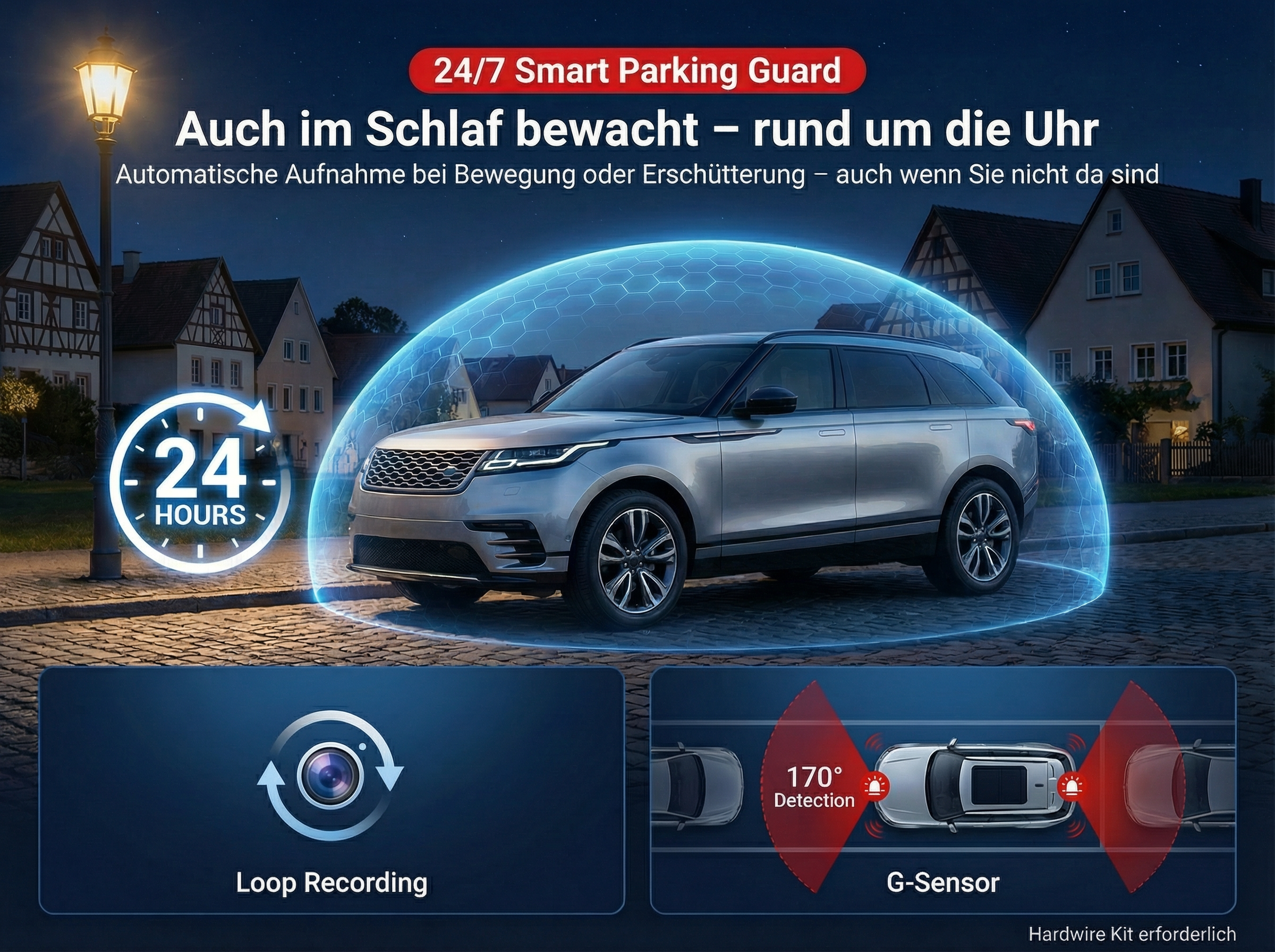 Ein silberner SUV wird von einem blauen Schild geschützt. Nachtszene mit Häusern.