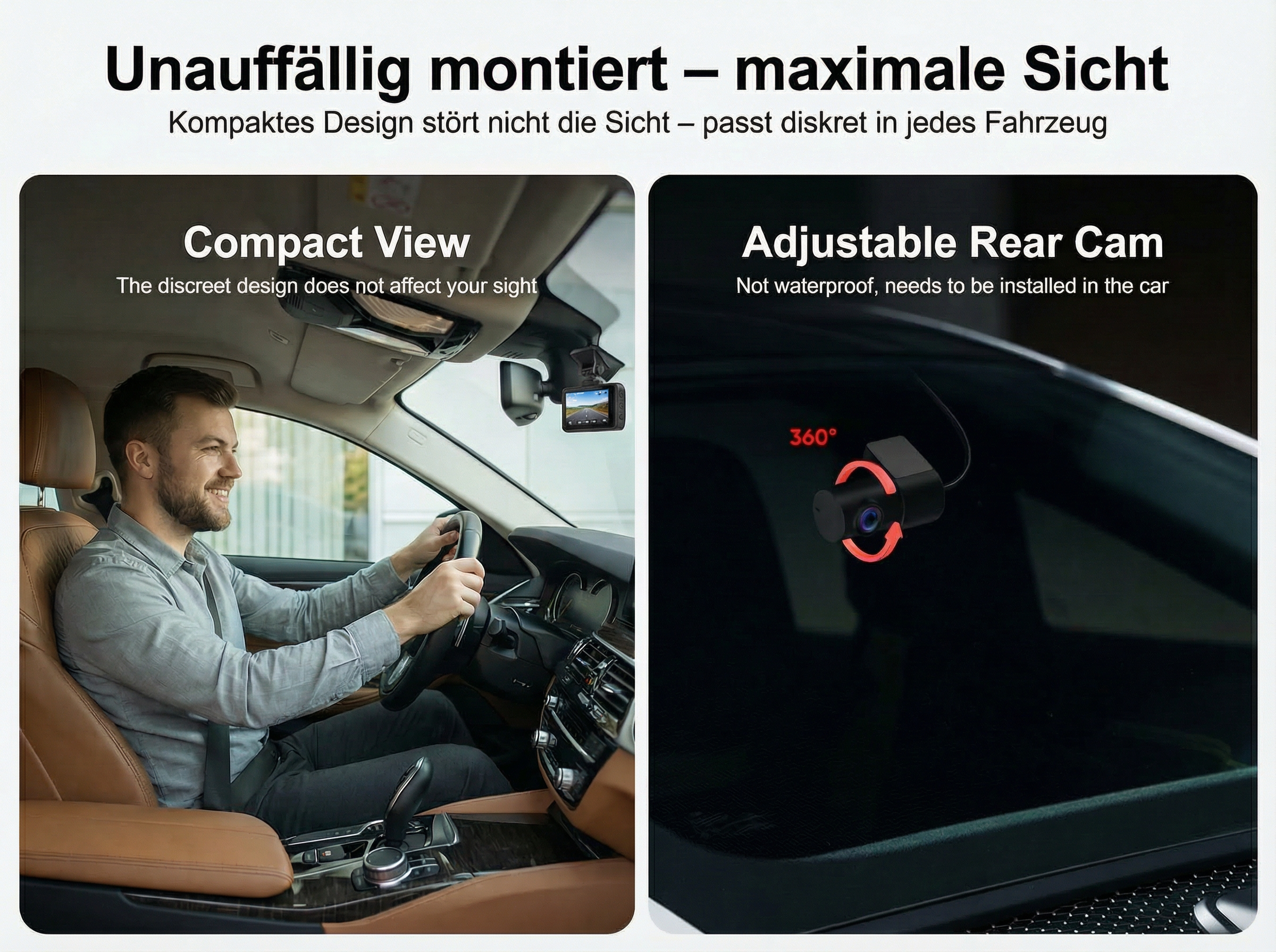 Ein Mann fährt Auto. Oben ist eine Dashcam montiert. Rechts eine Heckkamera.