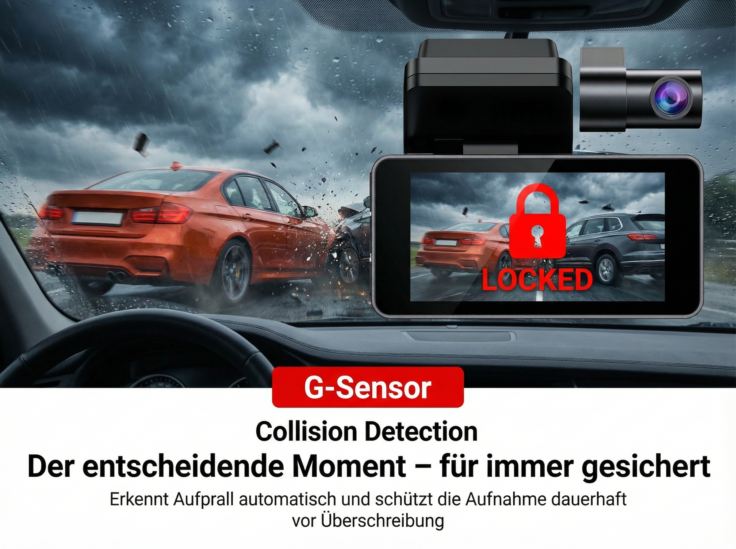 Unfallszene, Dashcam zeigt "LOCKED" über rotem Vorhängeschloss.