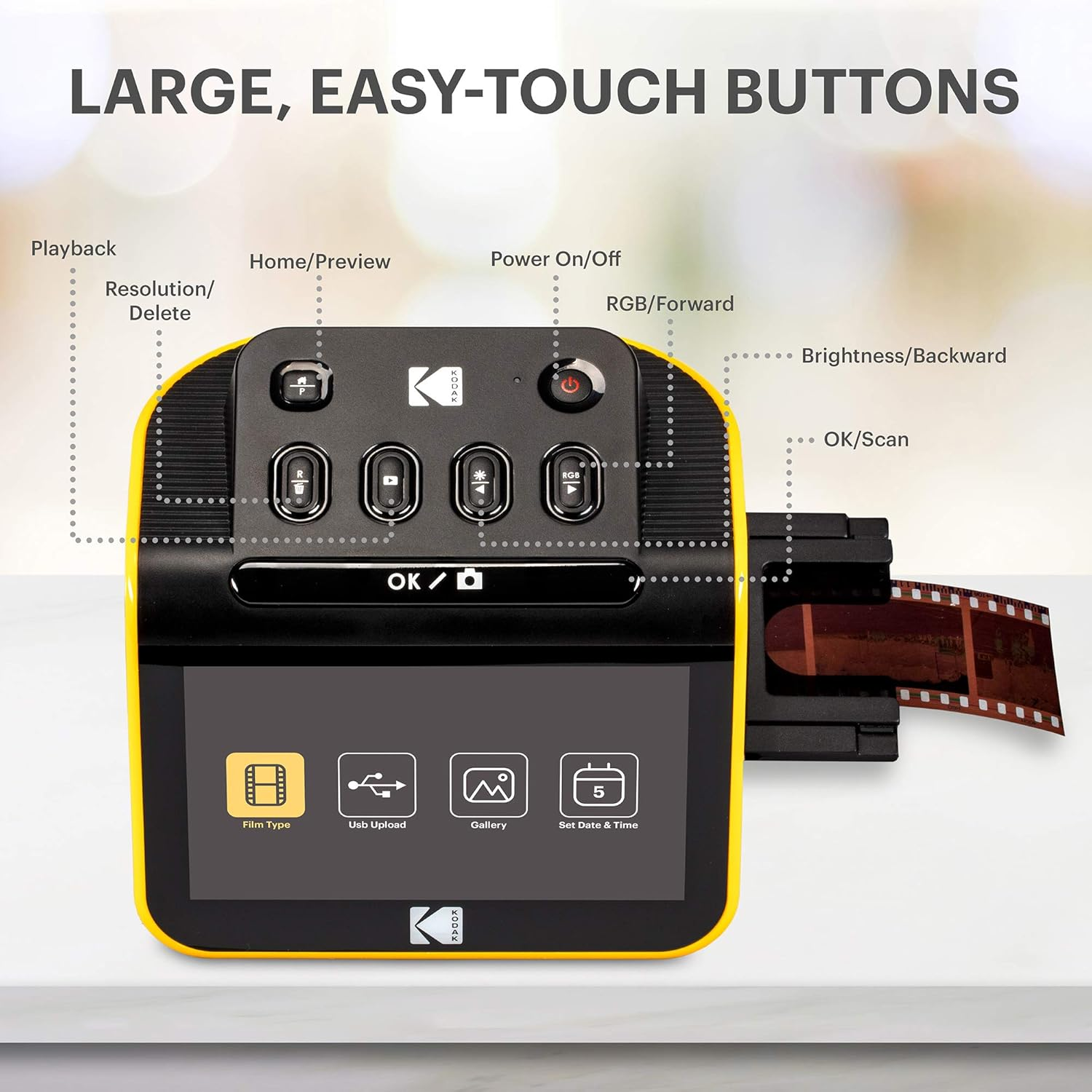Kodak Digitalisierer mit Touchscreen und Film in der Seite. Beschriftete Tasten.
