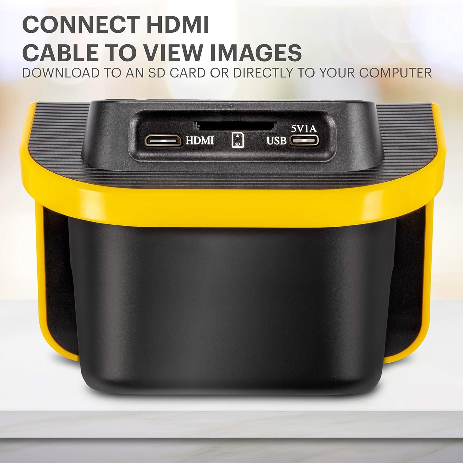 Schwarz-gelbes Gerät mit HDMI- und USB-Anschlüssen. Text empfiehlt HDMI-Anschluss.