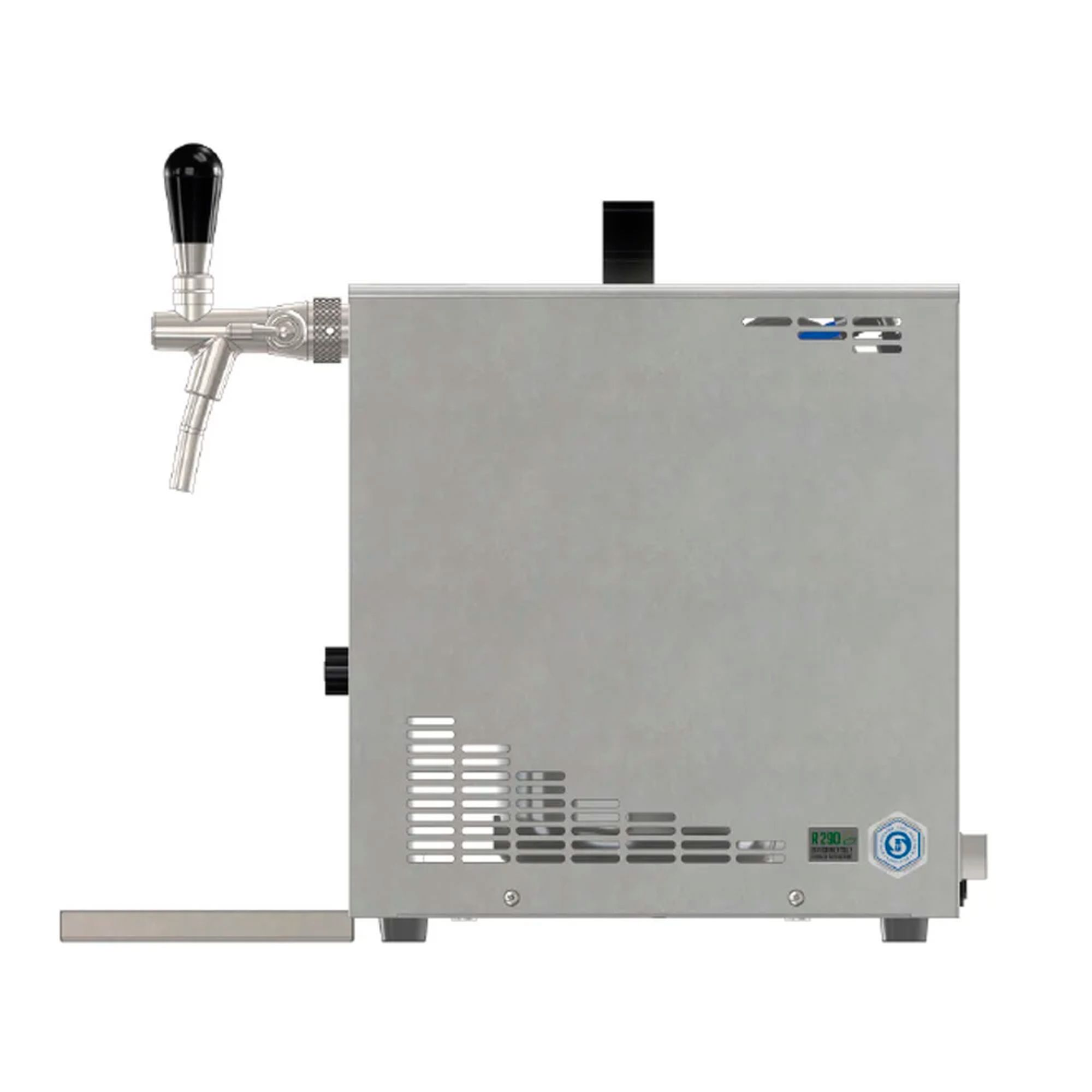 Zilveren biertap met zwarte hendel en ventilatieopeningen.