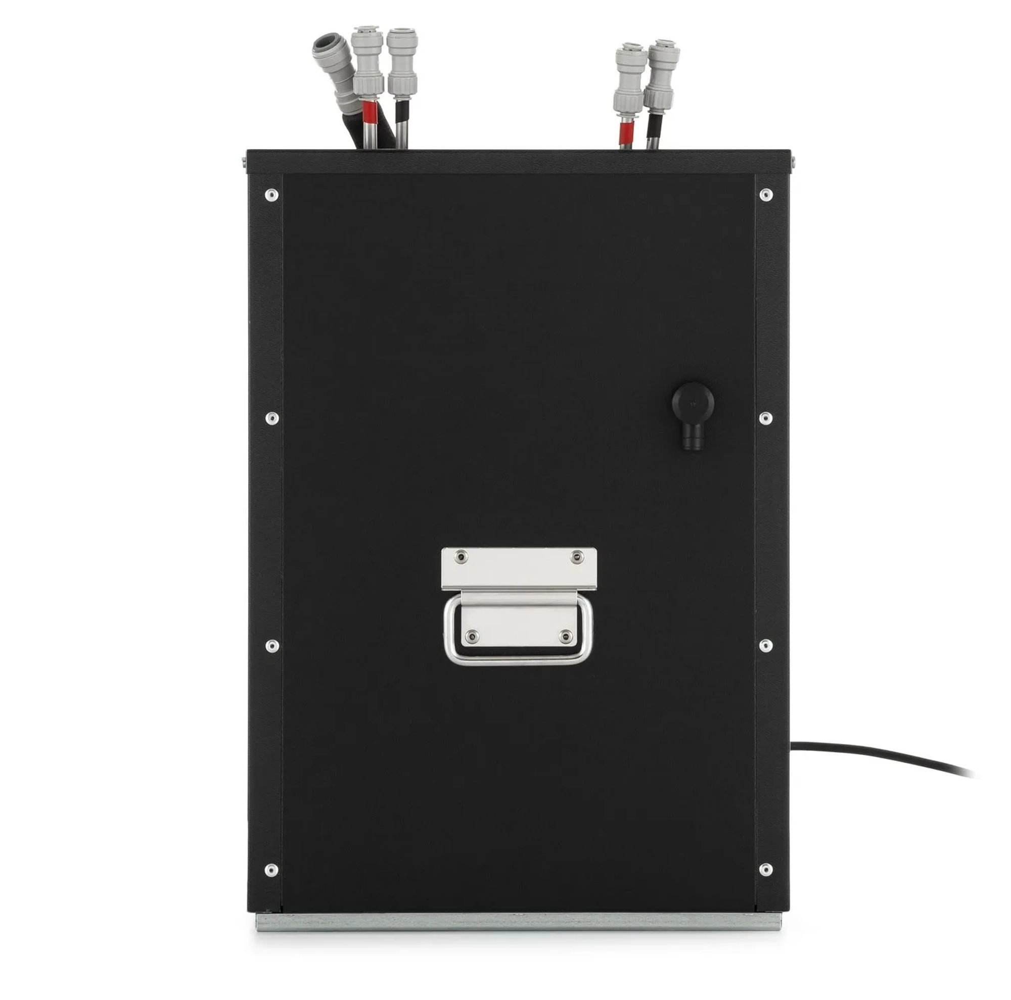 Zwarte metalen behuizing met handvatten, slangen en een kabel.