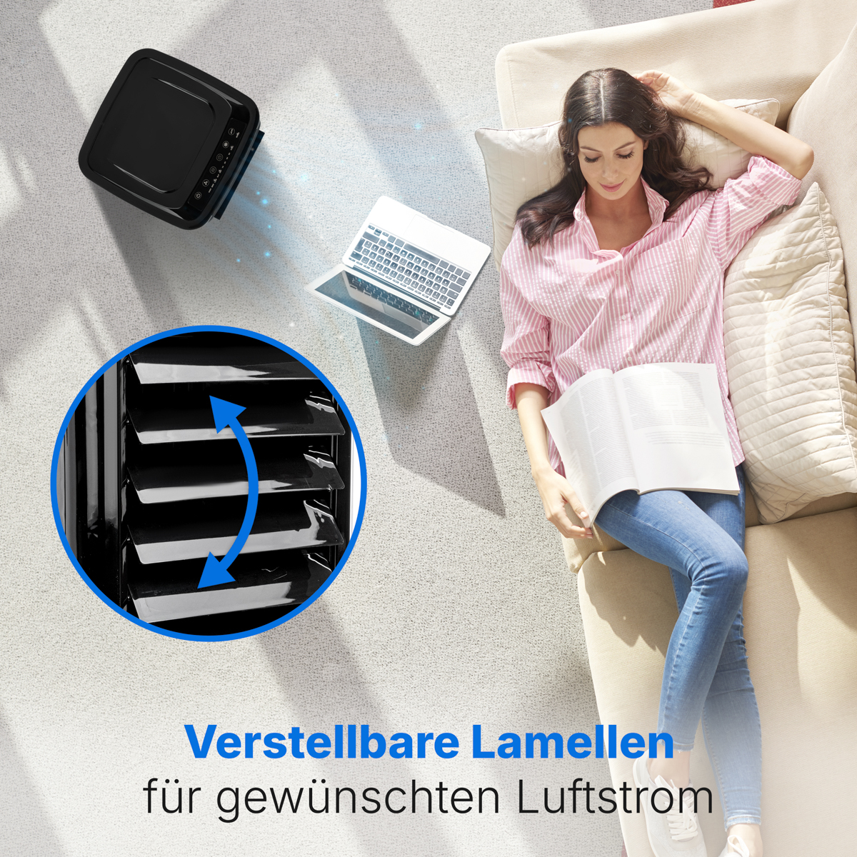 Frau auf Sofa liest Buch, neben ihr Luftreiniger mit Laptop. Detailansicht Lamellen.