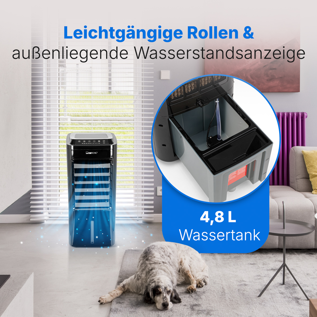 Luftkühler mit 4,8 L Wassertank, leichtgängigen Rollen und Hund.