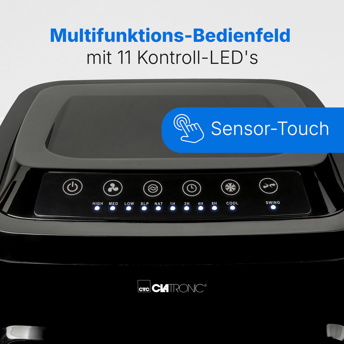 Schwarzes Bedienfeld mit Touch-Sensor und 11 LEDs für Lüftergeschwindigkeiten, Timer und Kühlung.