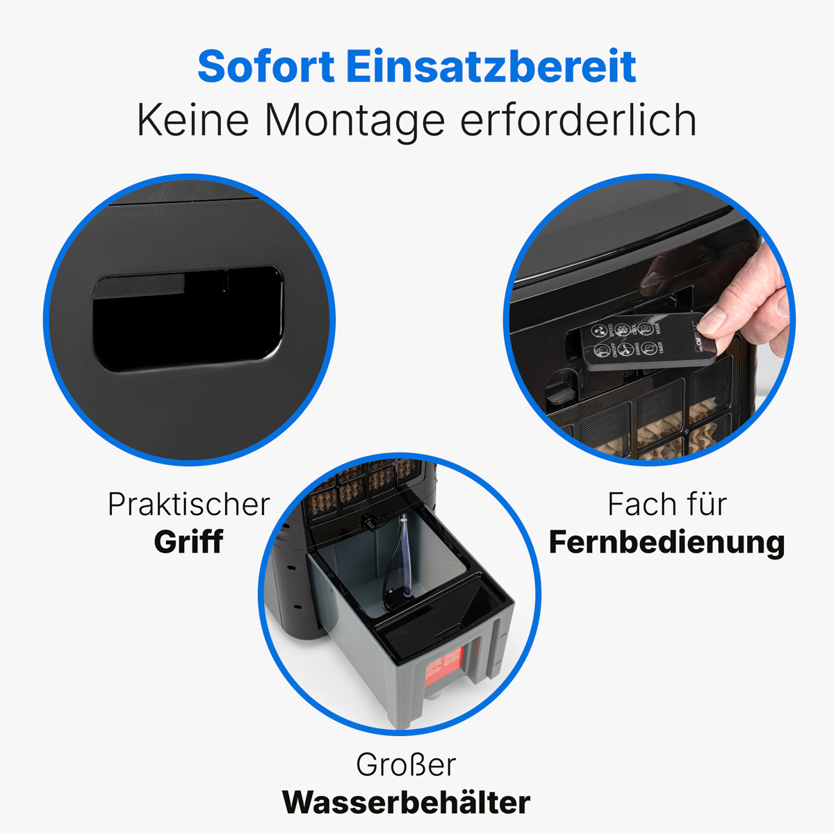 Ein Klimaanlagen-Detailbild mit Griff, Fernbedienungsfach und Wassertank.