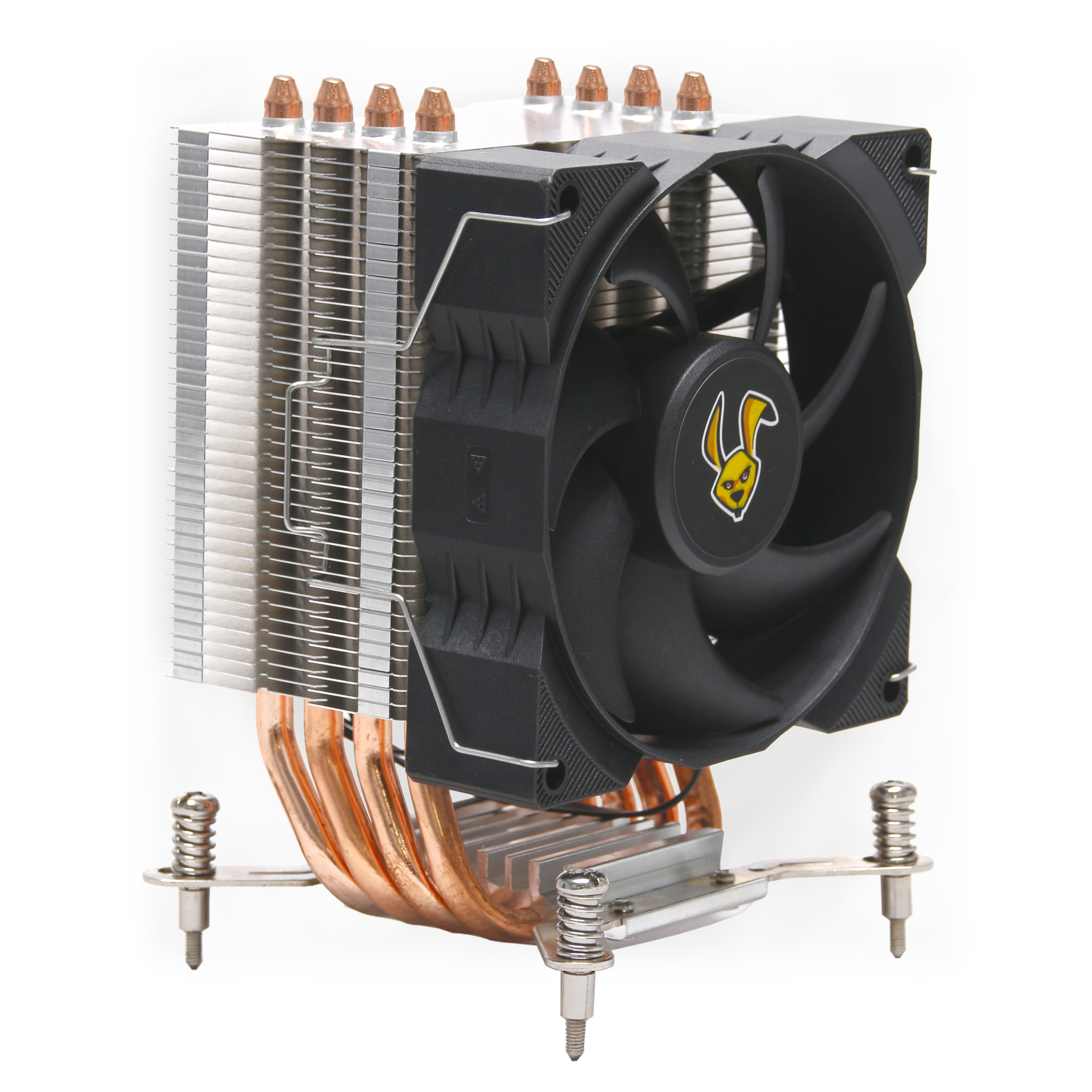 Ein CPU-Kühler mit Aluminiumlamellen, Kupferrohren und einem Lüfter mit Hasenlogo.