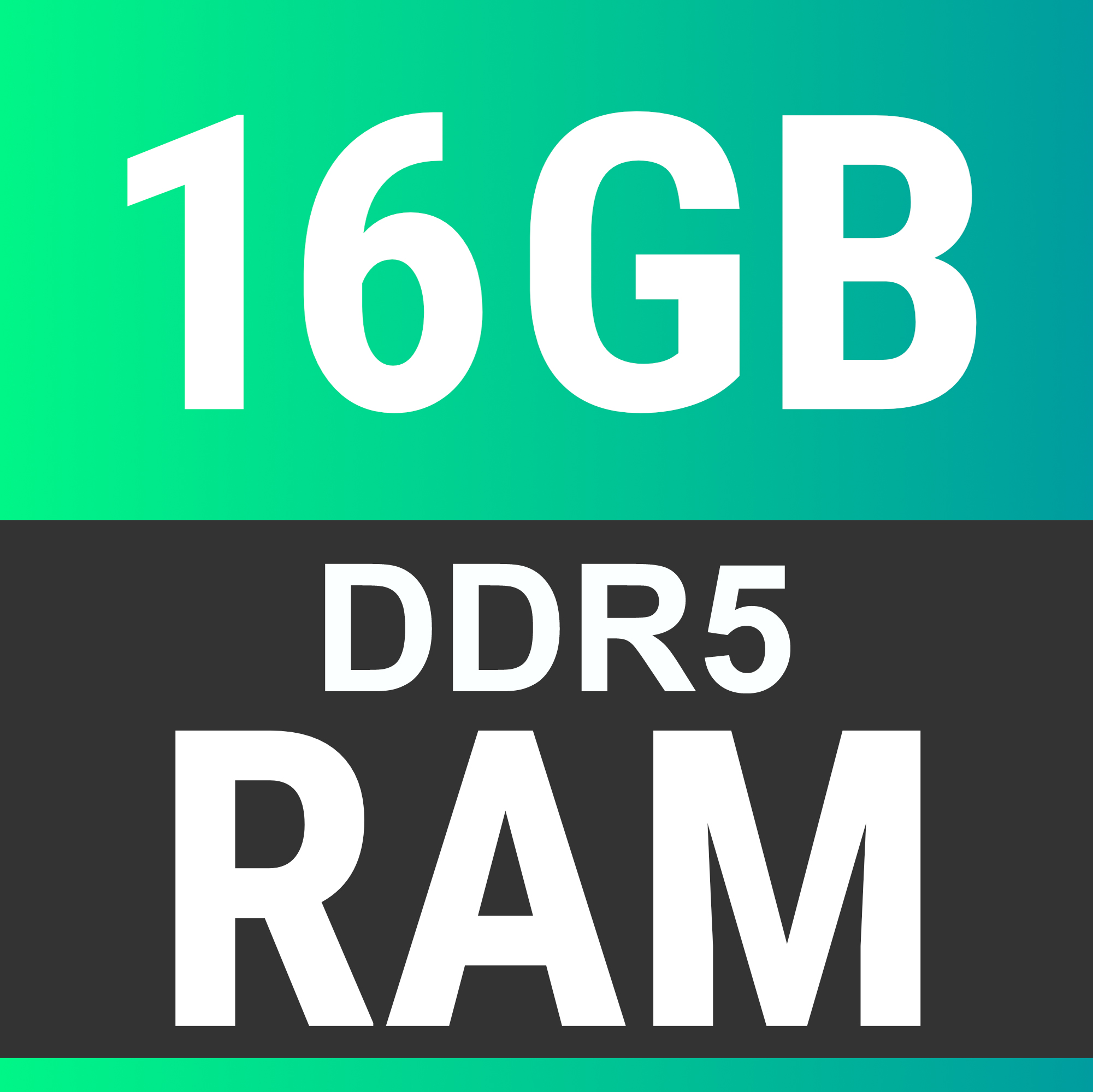 16GB DDR5 RAM su sfondo verde e grigio.