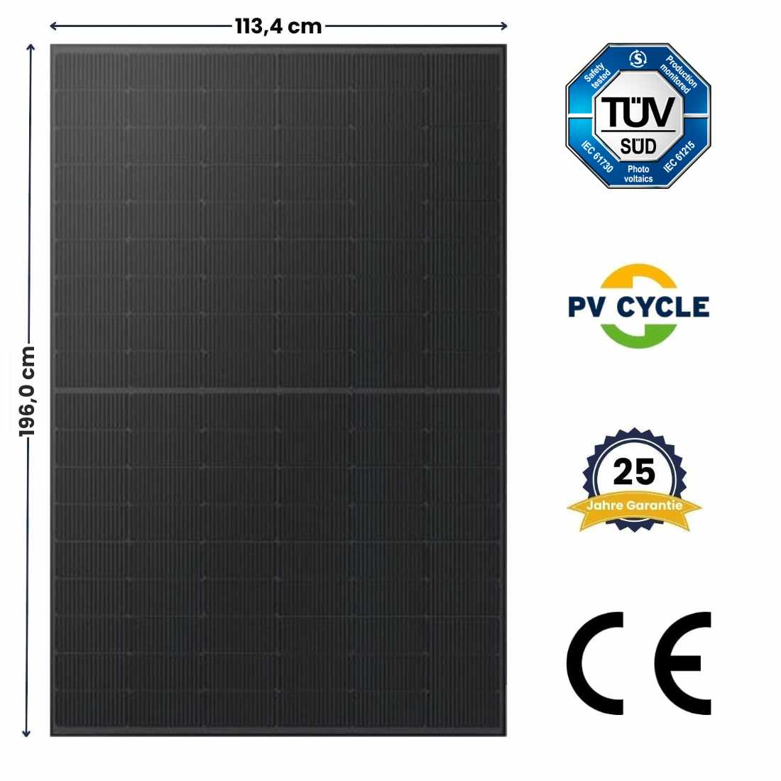 Ein schwarzes Solarpanel mit Maßen von 113,4 x 196 cm und diversen Zertifizierungen.