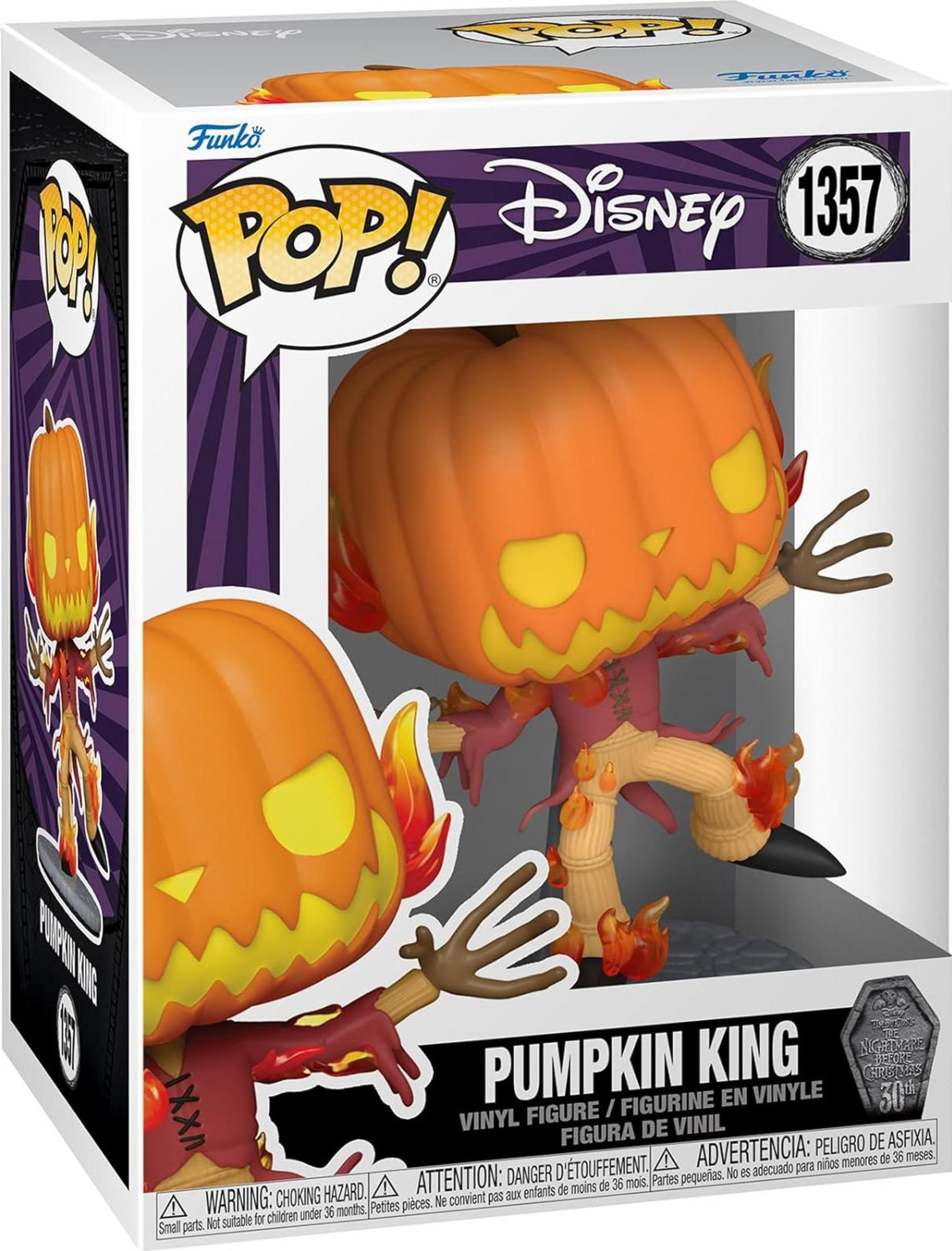 Action figure Funko Pop! Disney 1357 Re Zucca in scatola. Testa arancione di zucca, braccia marroni, vestito rosso.
