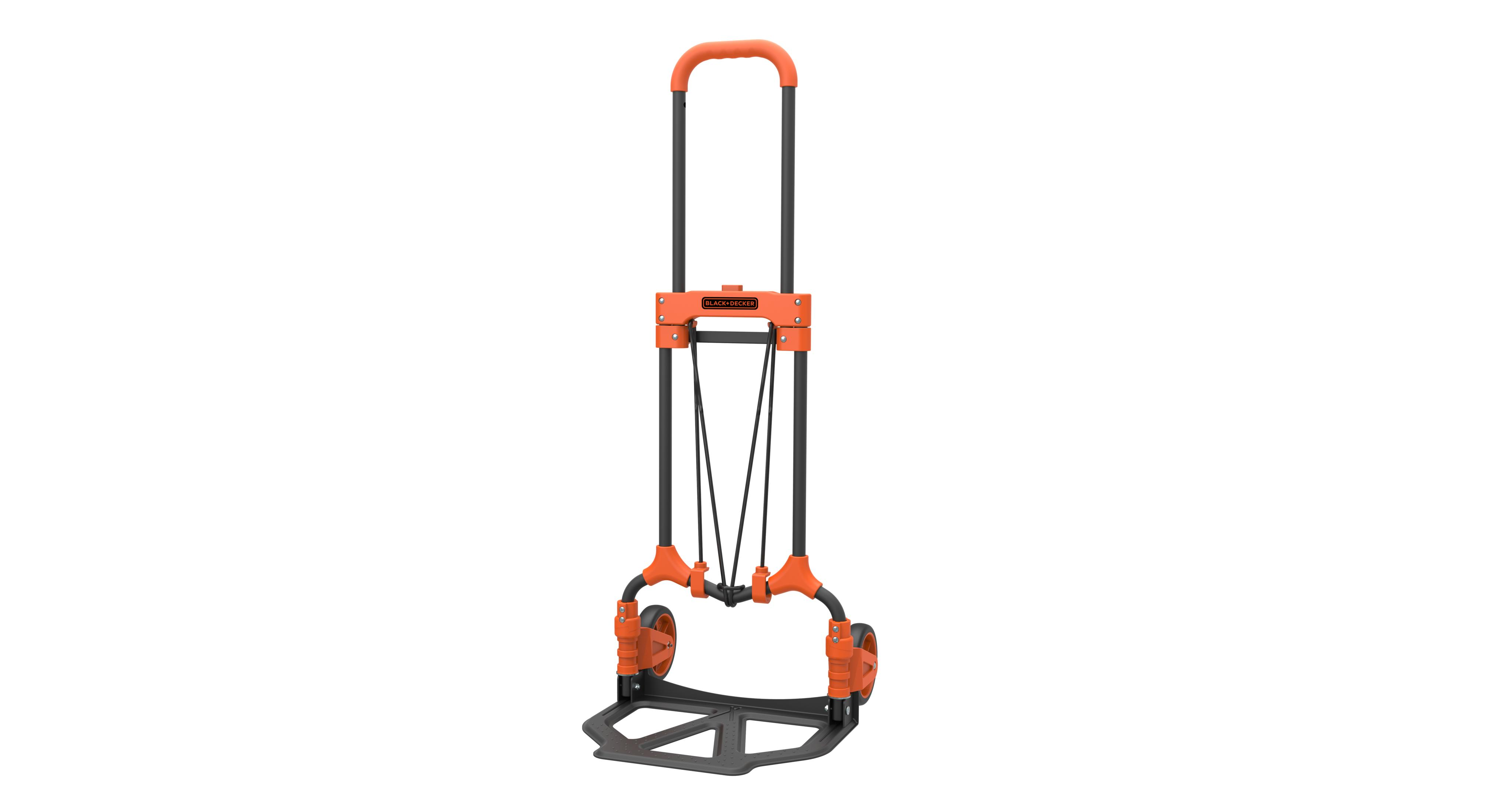 Oranje en zwarte inklapbare steekwagen met twee wielen en uitschuifbaar handvat.