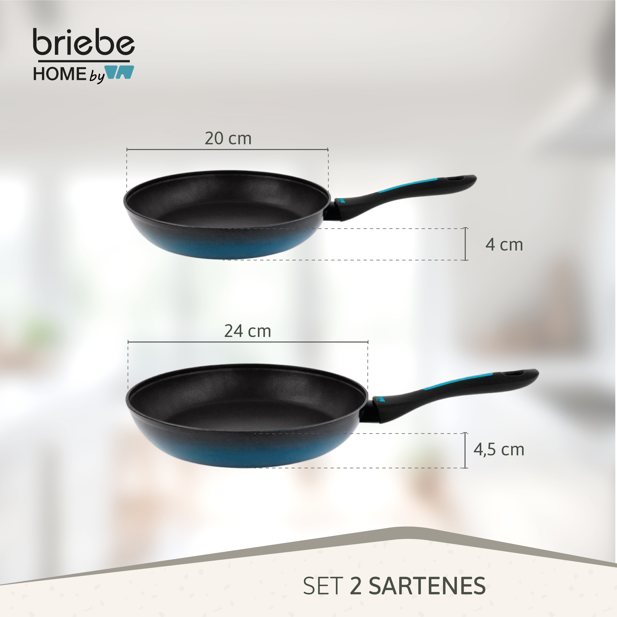 Dos sartenes negras con borde azul y mangos negros. Dimensiones mostradas.