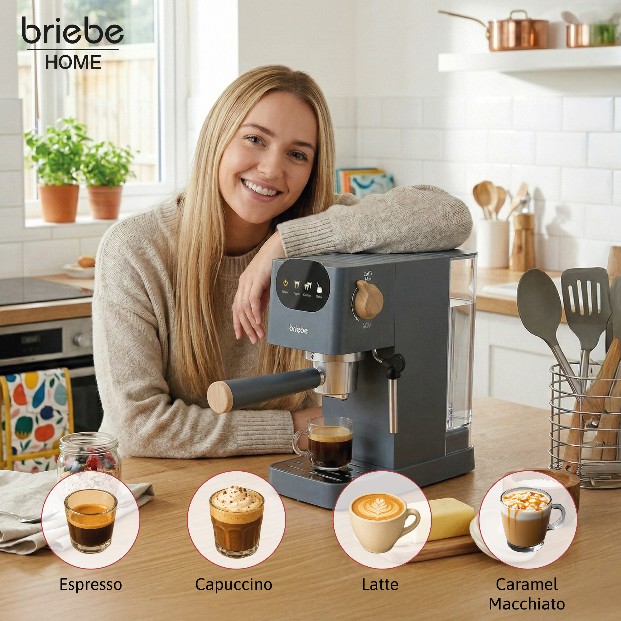 Eine Frau lächelt neben einer Espressomaschine, daneben vier Kaffeevariationen.