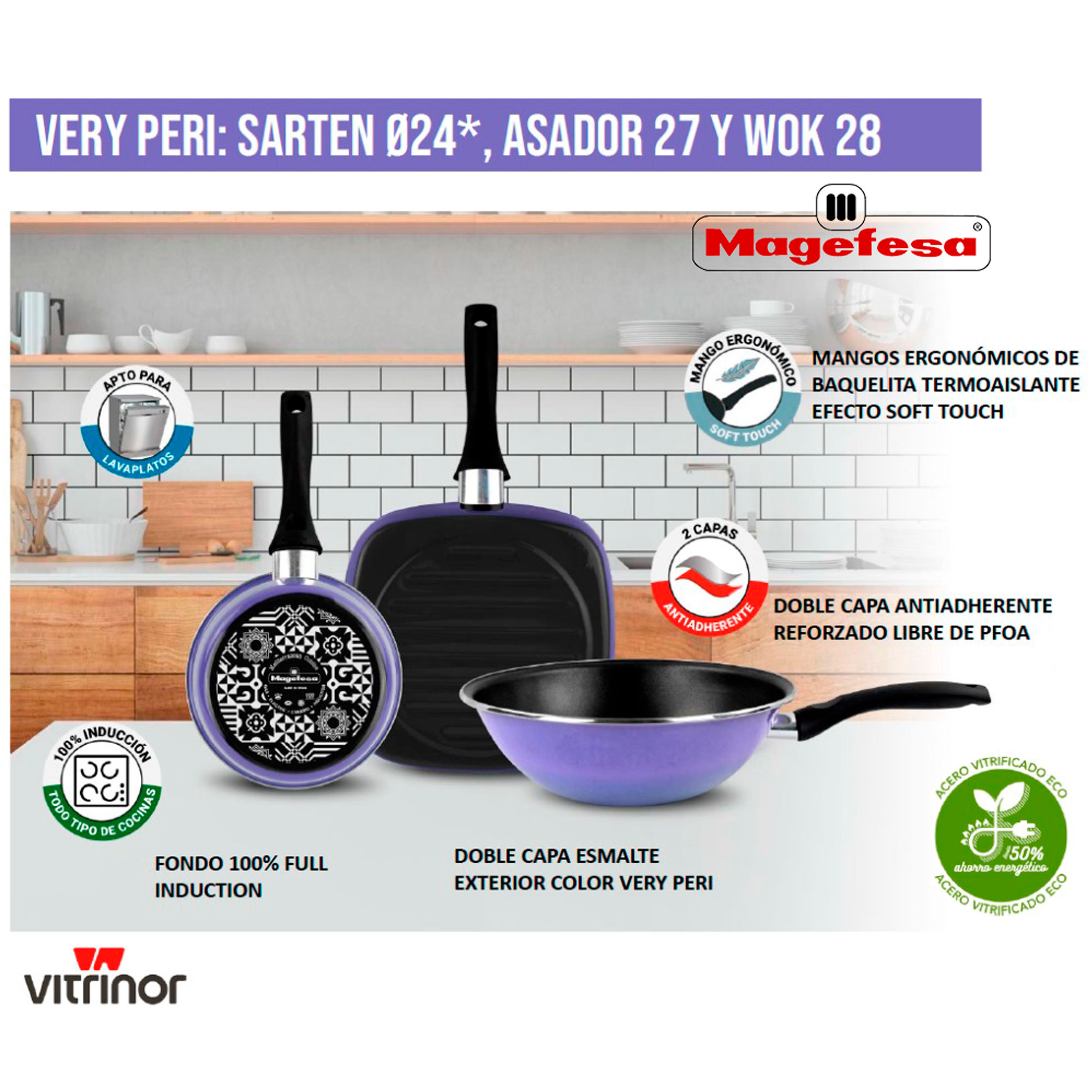 Ein lila Kochgeschirr-Set mit Pfanne, Bräter und Wok. Mit Ergonomie-Griffen.