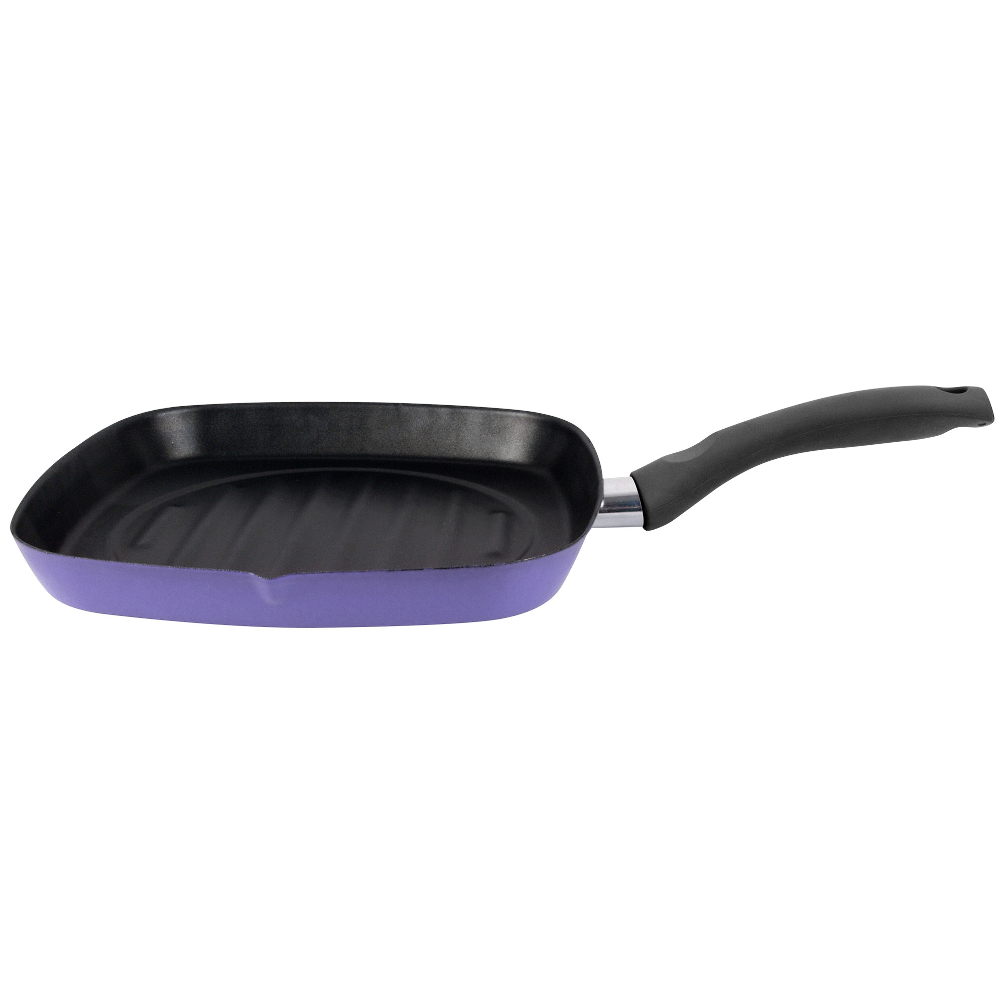 Lila Grillpfanne mit schwarzem Griff auf weißem Hintergrund.