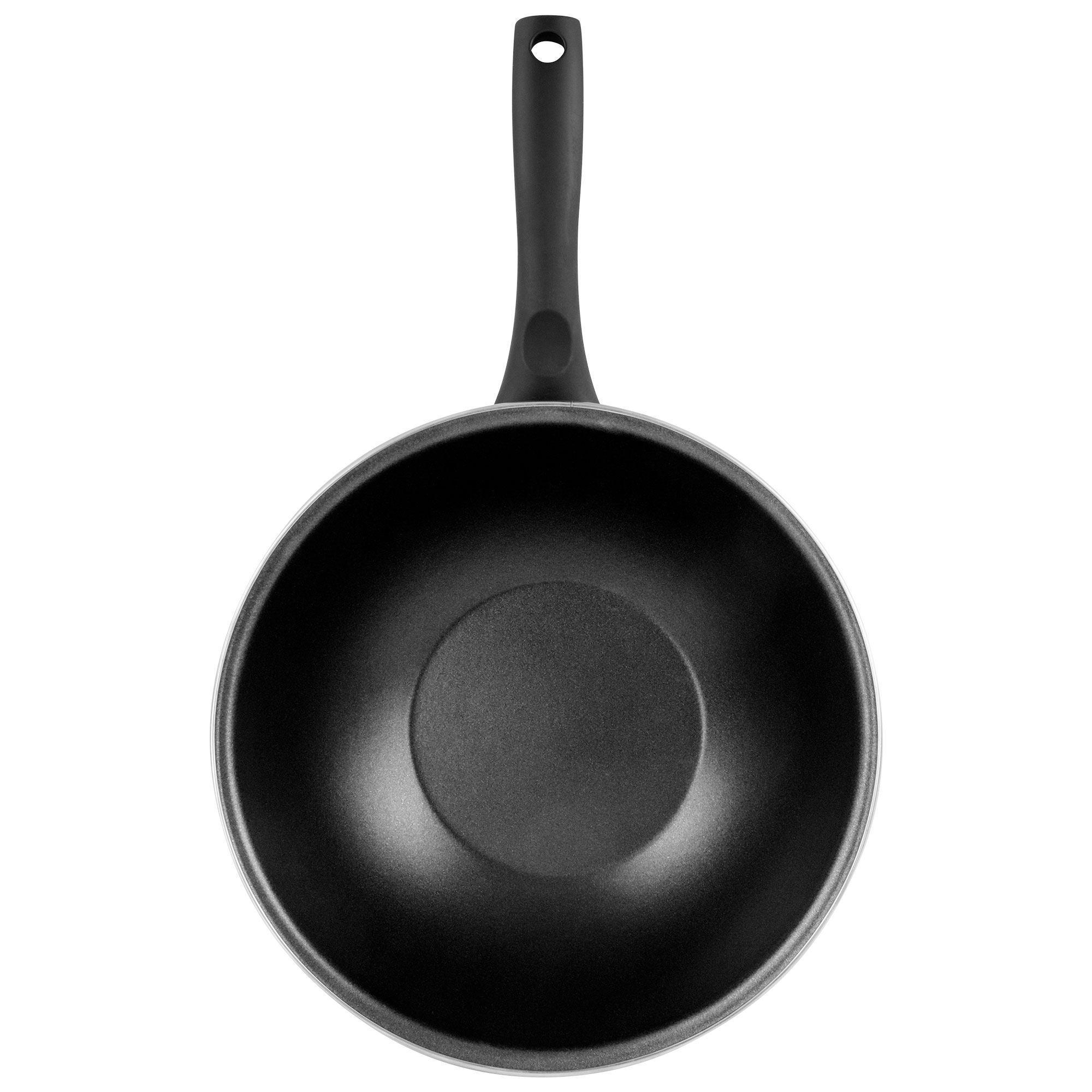 Schwarze Bratpfanne mit langem Griff und weißem Rand auf weißem Hintergrund.