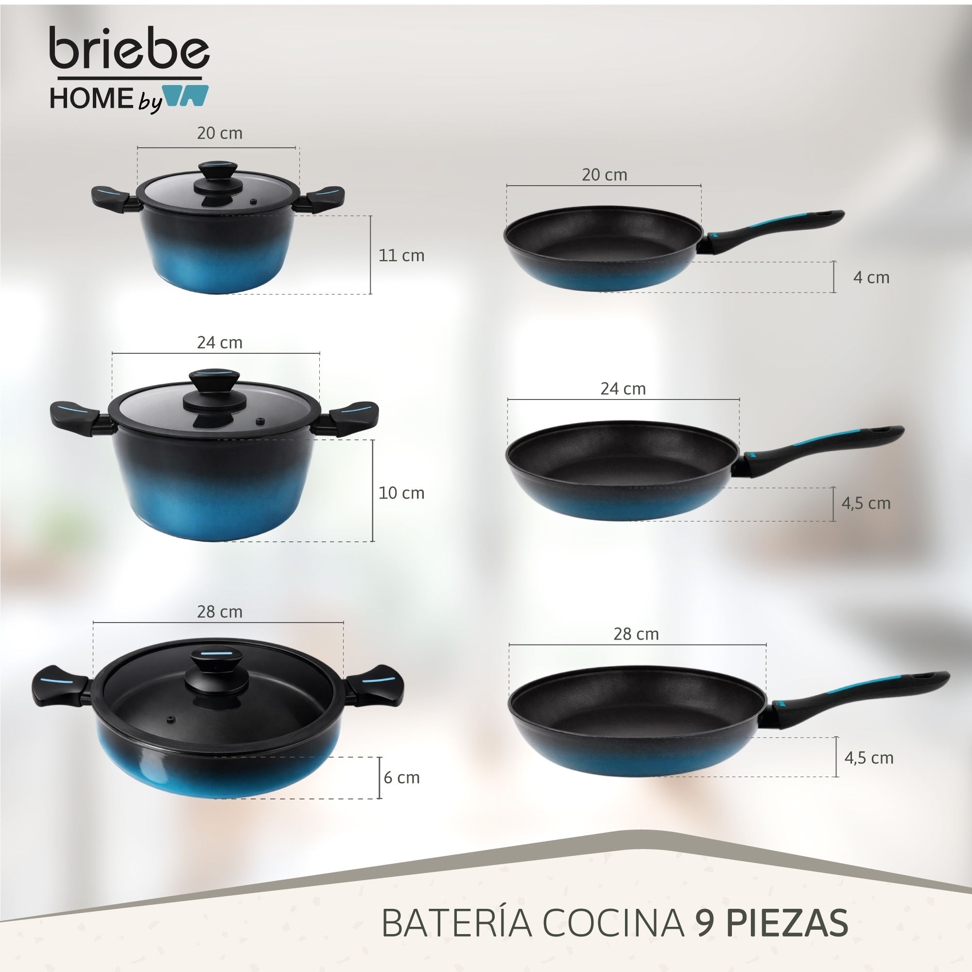 Set de cocina: ollas y sartenes de varios tamaños con detalles azules.