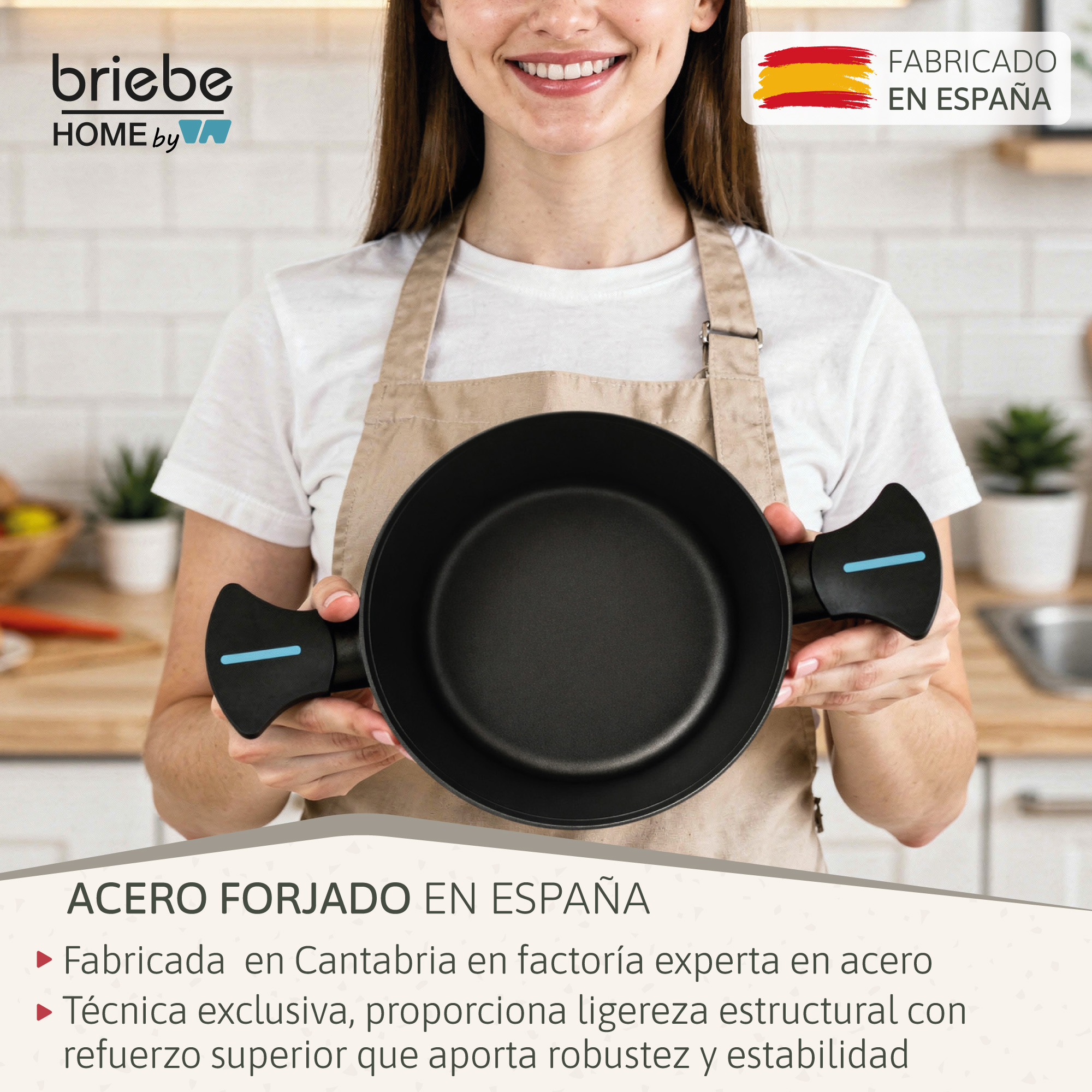 Una mujer sostiene una sartén negra con el logo "briebe HOME by".