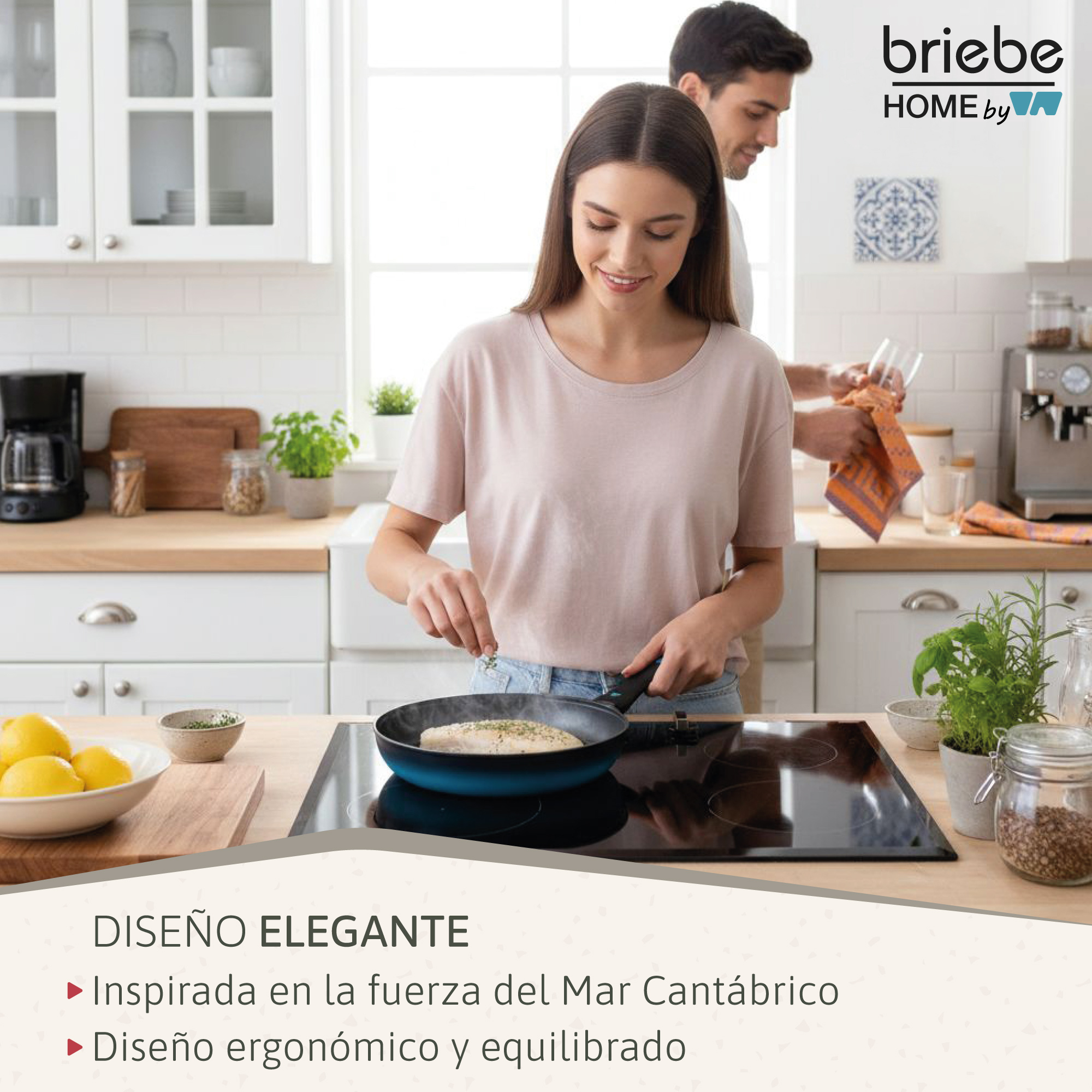Hombre y mujer cocinando en una cocina moderna. Pescado se fríe en sartén.