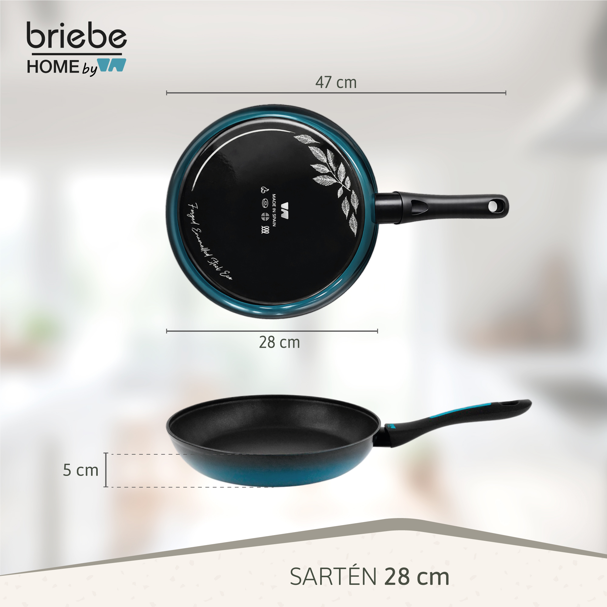 Sartén Briebe, 28 cm diámetro, 5 cm alto, 47 cm largo.